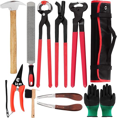 Keadic Kit de herramientas de pezuña de herrador de 10 piezas con paquete de rollo, incluye alicates de corte de zapatos de caballo, raspador de
