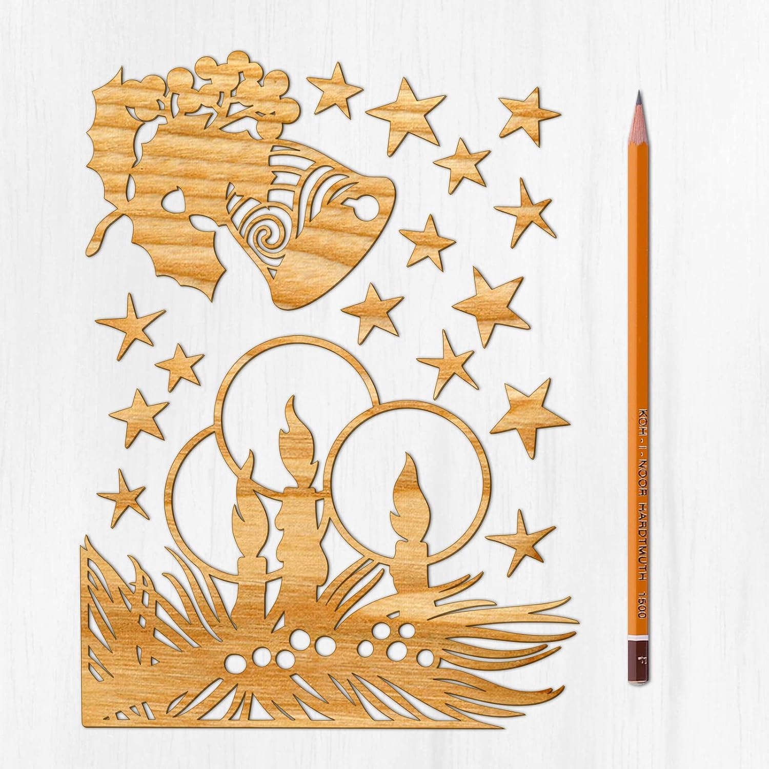 Ajoure Fine Lasercut Embelishments # Stars and Bells Candles on Trees Vintage Veneer Wooden Plywood Silhouette for Craft
