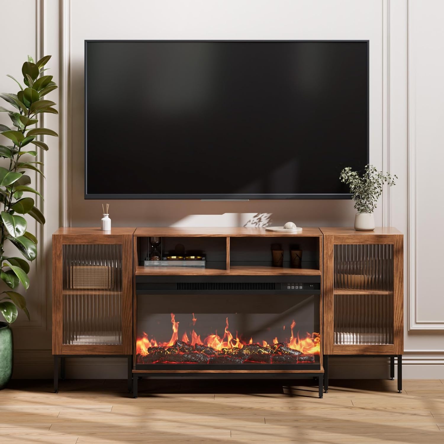 3-Sided Glass Fireplace TV Stand for TVs up to 75'' with 12 Color, Media Entertainment Center Console Table with Glass Doors Closed Storage, Dark Brown