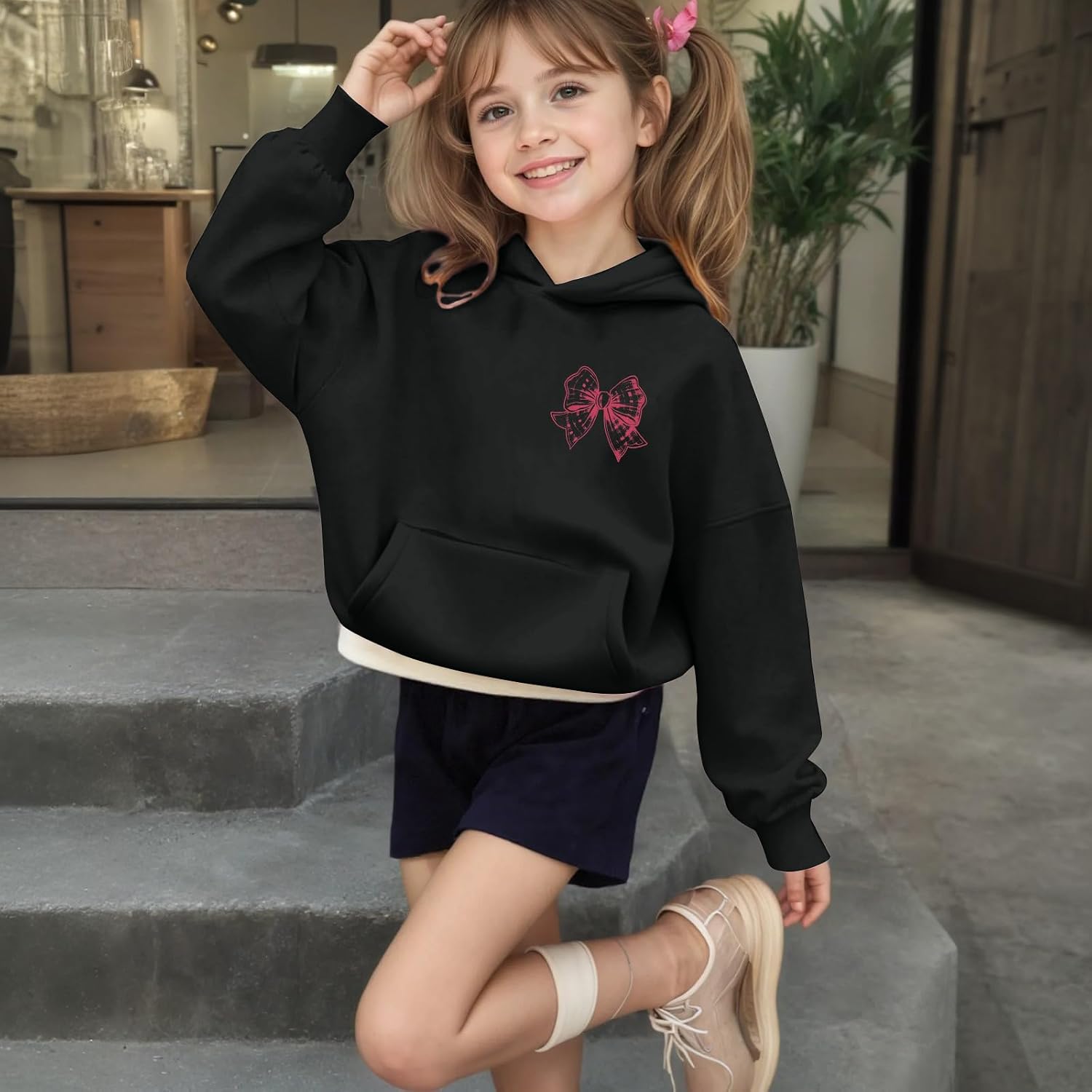 Girl's Cute Pink Bow Hoodie Aesthetic Preppy Sweatshirts Kids Casual Kawaii Bows Letter Graphic Hoodies Pullover Tops