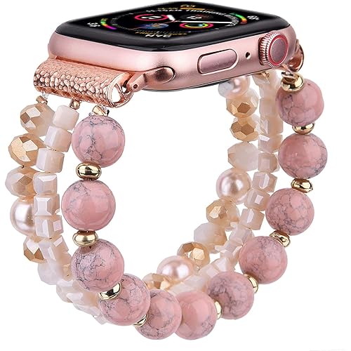 CAGOS Bracelet Beadeds Compatible with Apple Watch Band 38mm/40mm Series SE/6/5/4/3/2/1 Cute Handmade Fashion Elastic Stretch Beaded Strap Replacement with Stainless Steel Adapter for iWatch Pink