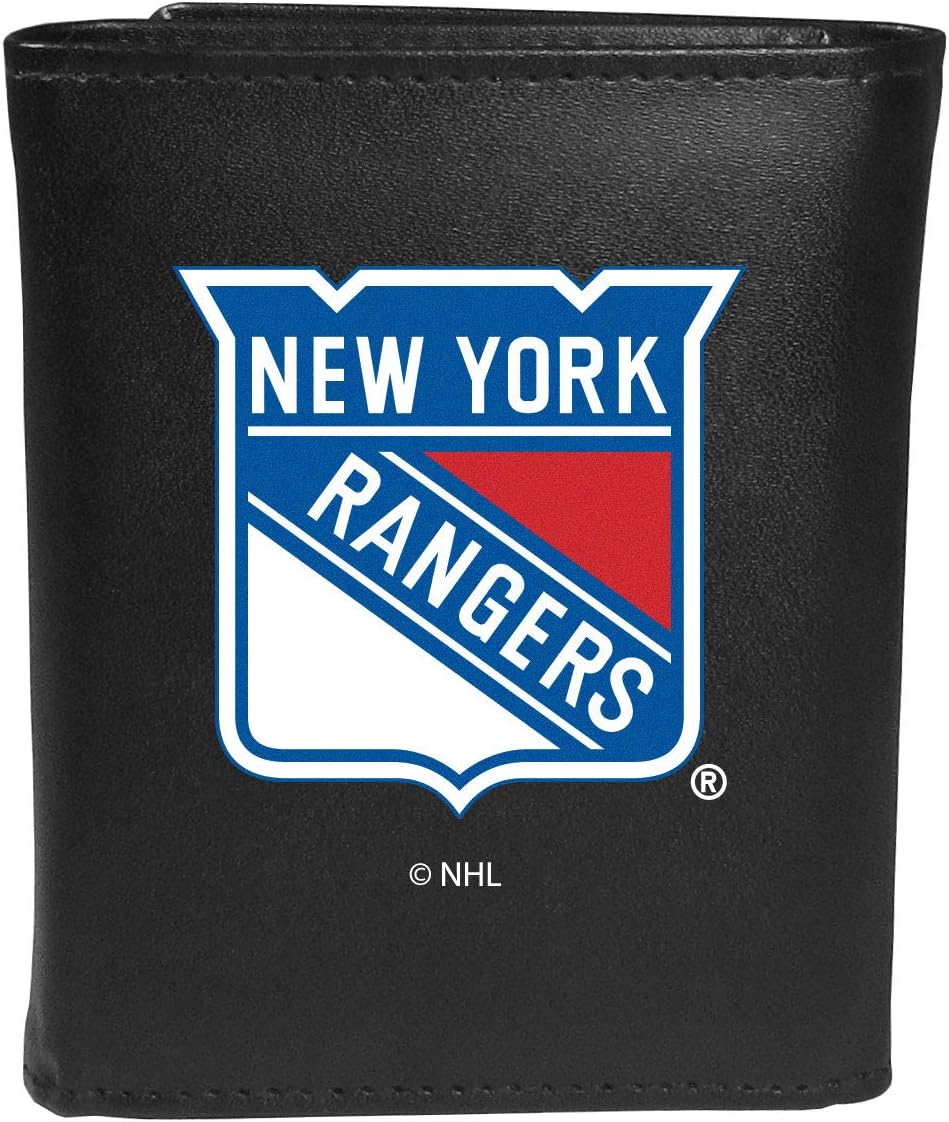NHL New York Rangers Unisex Siskiyou SportsLeather Tri-fold Wallet, Large Logo, Black, One Size