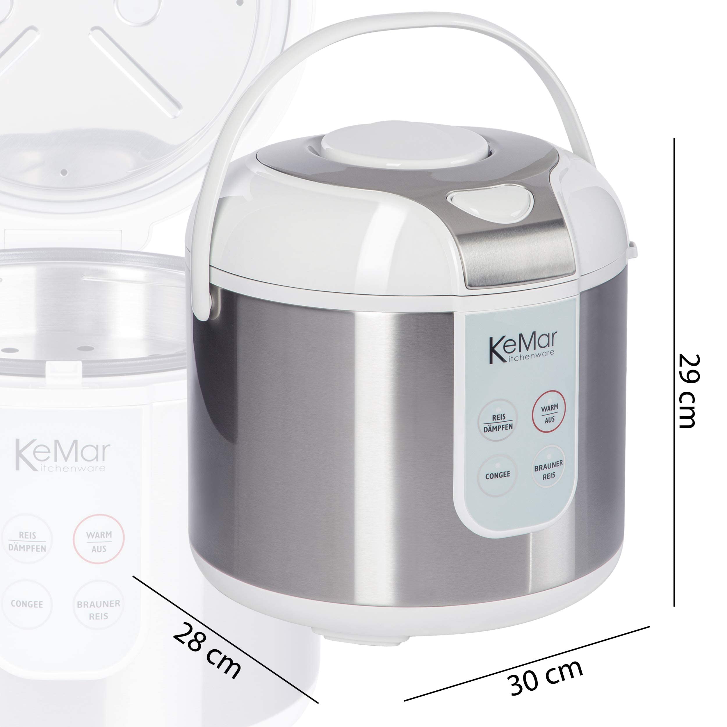 KeMar Reiskocher +GRATIS Essstäbchen (700W, 1,8l, Edelstahl) Brauner Reis, Naturreis - Keramik Beschichtung - Edelstahl Dämpfer, dampfgaren Gemüse und Fisch, Warmhaltefunktion, 4 Programme, KRC-130