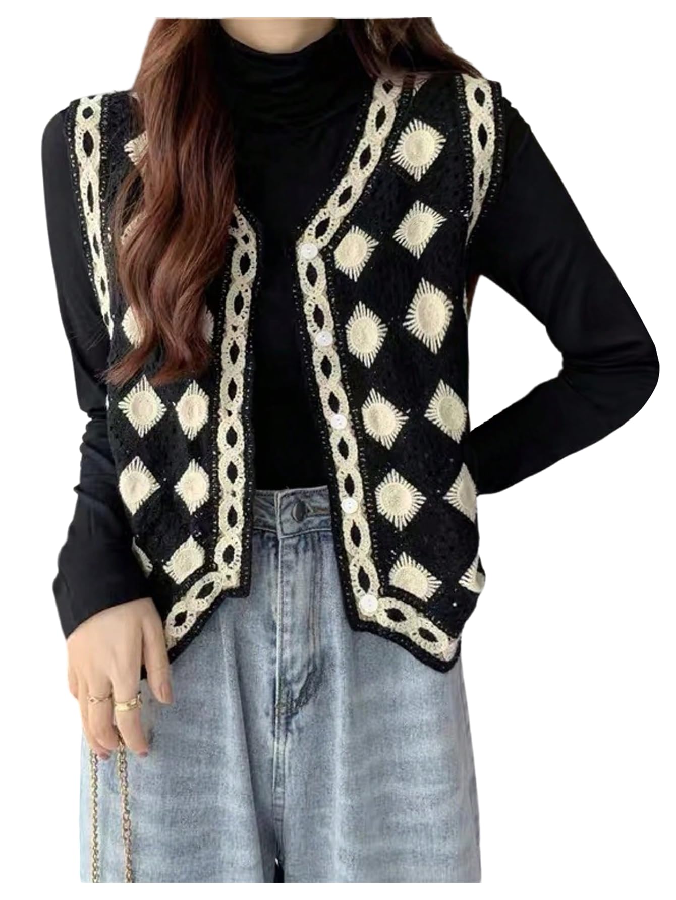 WDIRARA Womens Hollow Out Crochet Button Down Sweater Vests V Neck Sleeveless Knitted Cardigans