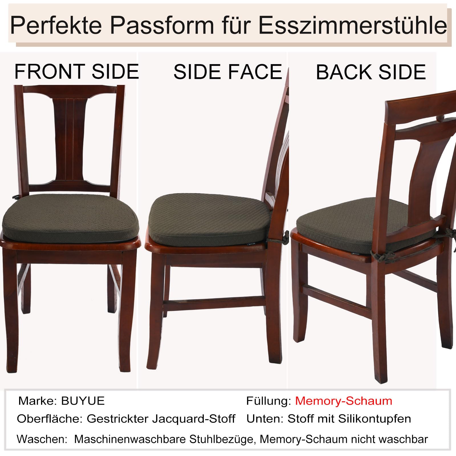 BUYUE Luxus Memory Foam Stuhl Kissen 4 Pack, Jacquard 40cm U-Form komfortable Esszimmerstuhl Pad, abnehmbare rutschfeste Küche Stuhl Sitzkissen, (4 Stück, braun)