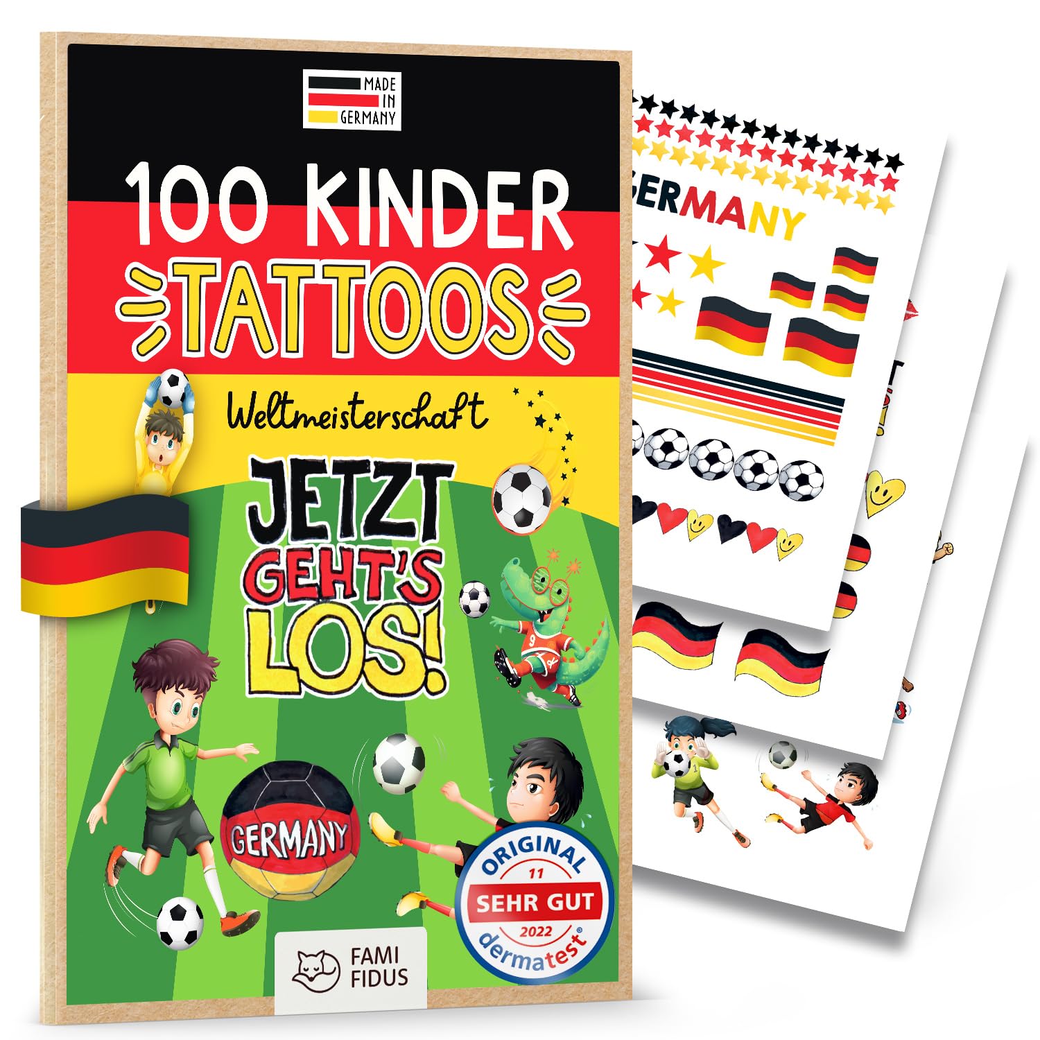 Famifidus 100 hautfreundliche Deutschland Tattoos zur Fussball WM 2026 I Dermatologisch SEHR GUT I Kindertattoos MADE IN GERMANY I Deutschland Tattoos Kinder I WM 2026 Fanartikel I WM Fussball 2026