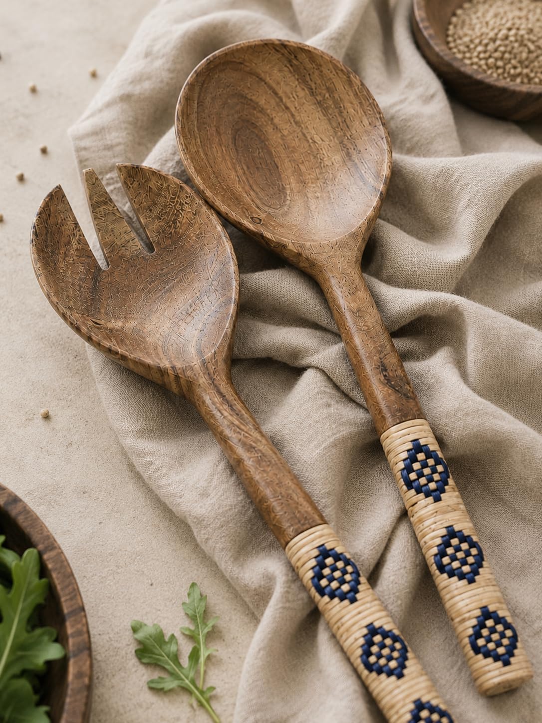 Handmade Acacia Wood Salad Server Set with Handwoven Rattan Handles – Wooden Serving Spoon & Fork Utensils for Salad, Pasta, Fruit & Kitchen Serving.