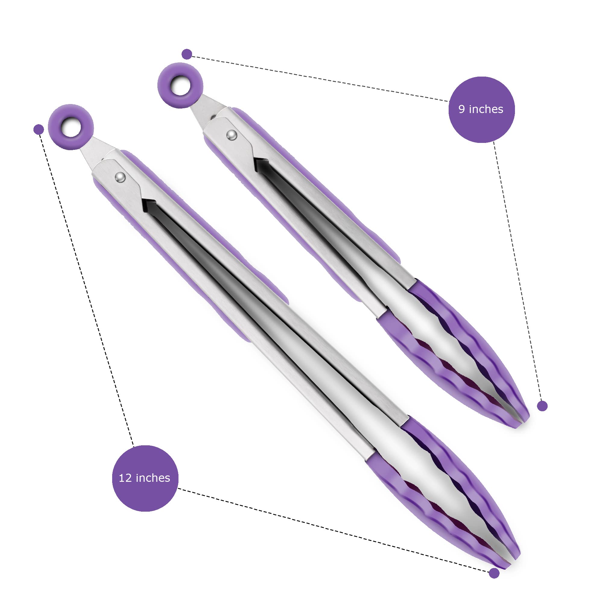2 Stück Silikon-Küchenzangen - 22,9 cm & 30,5 cm Set, hitzebeständig bis 260 °C, antihaftbeschichtetes Kochgeschirr sicher, gewellte Silikonspitzen, BPA-frei, Verschlussclip & Aufhängeschlaufe, Lila
