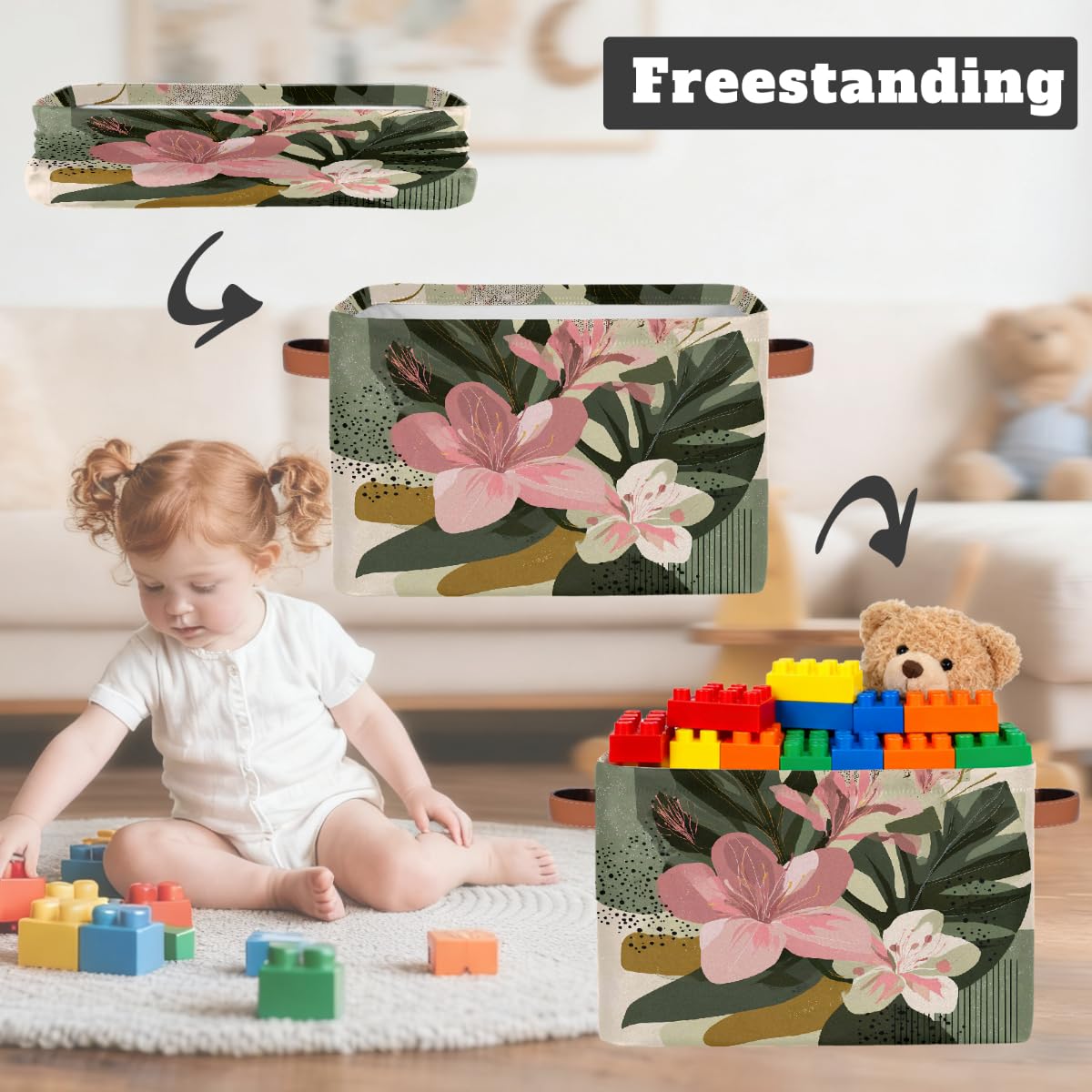 Abstrakte Kunst, rechteckiger Aufbewahrungskorb mit Ledergriffen, Hibiskuspalmenblätter, 2 Stück, faltbarer Stoff-Aufbewahrungskorb für Schrank, Badezimmer, Wohnzimmer, Büro, Spielzeug