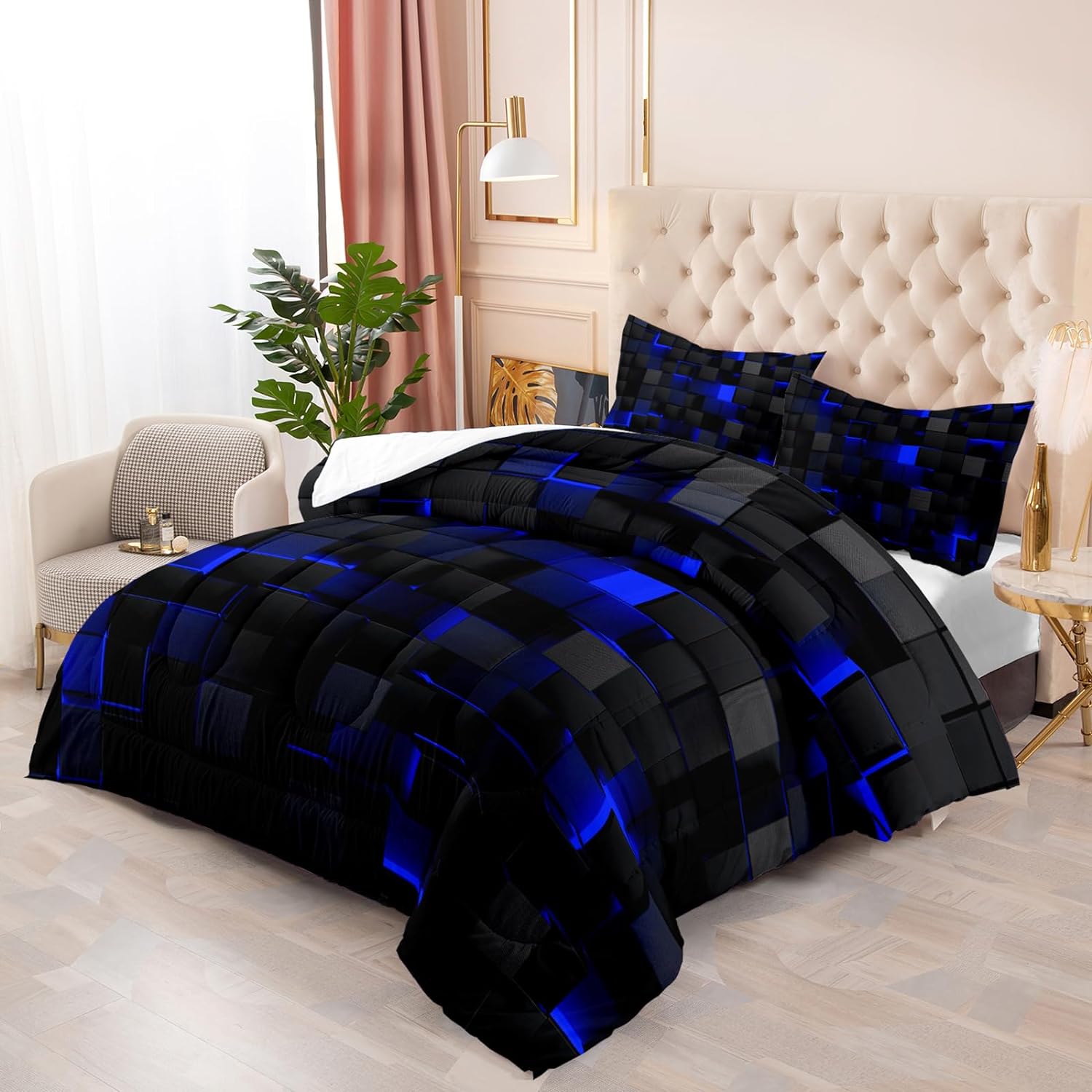 Geometric Blue Black Comforter Set,Light Honeycomb 3 Piece Bedding Set Queen Size for Teen Boys,Modern Quilt Set Geometry Decor,Microfiber Lightweight 1 Comforter 2 Pillowcases All Season