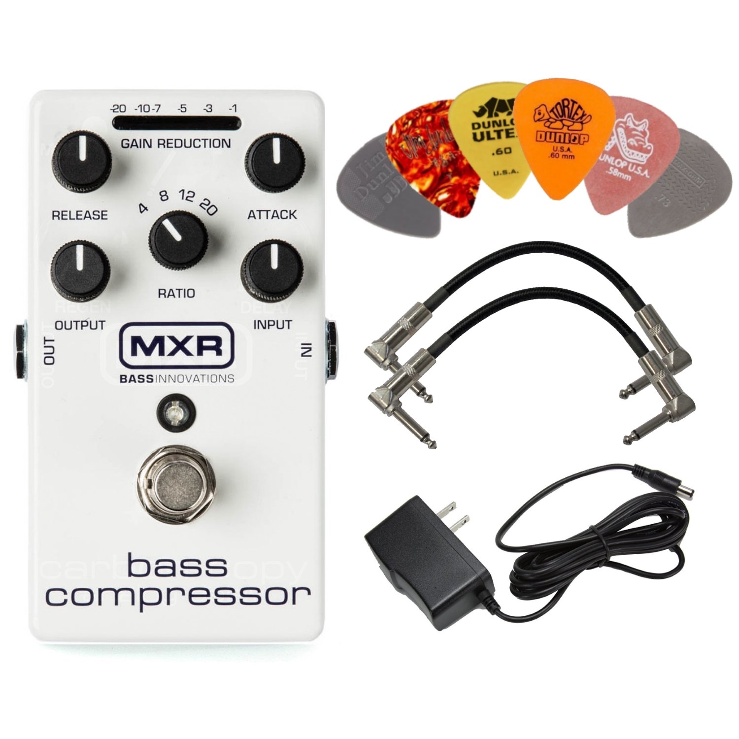 M87 Bass Compressor Effects Pedal BUNDLE with AC/DC Adapter Power Supply for 9 Volt DC 1000mA, 2 Metal-Ended Guitar Patch Cables AND 6 Assorted Dunlop Guitar Picks