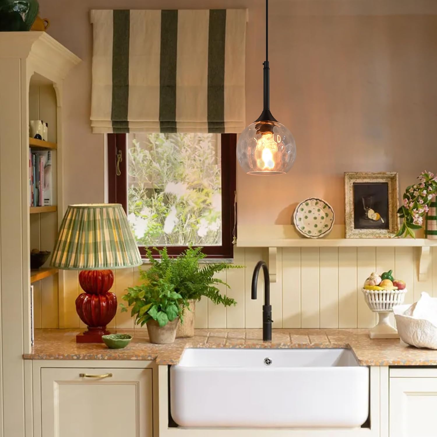 JHLBYL Glass Pendant Lights Kitchen Island: 1-Light Hammered Glass Pendant Light with Black Finish - Modern Minimalist Hanging Light Fixture for Kitchen Sink Dining Room - E26 Base