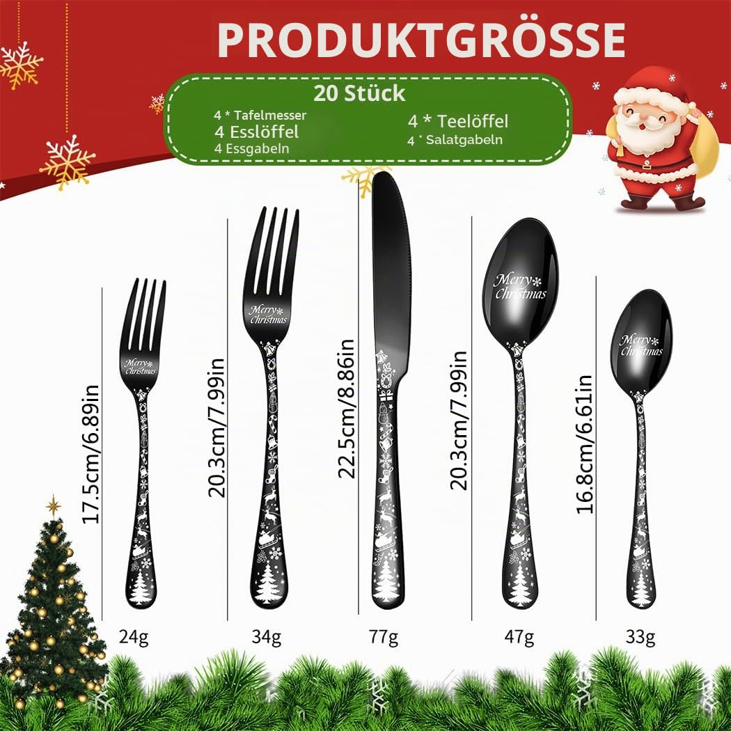 XIAOYU Weihnachtsbesteckset, 20-teiliges Besteckset, bestehend aus Gabeln, Messern und Löffeln, einzigartiges Besteckset mit Weihnachtsbaummuster für Halloween, Ostern und Weihnachten