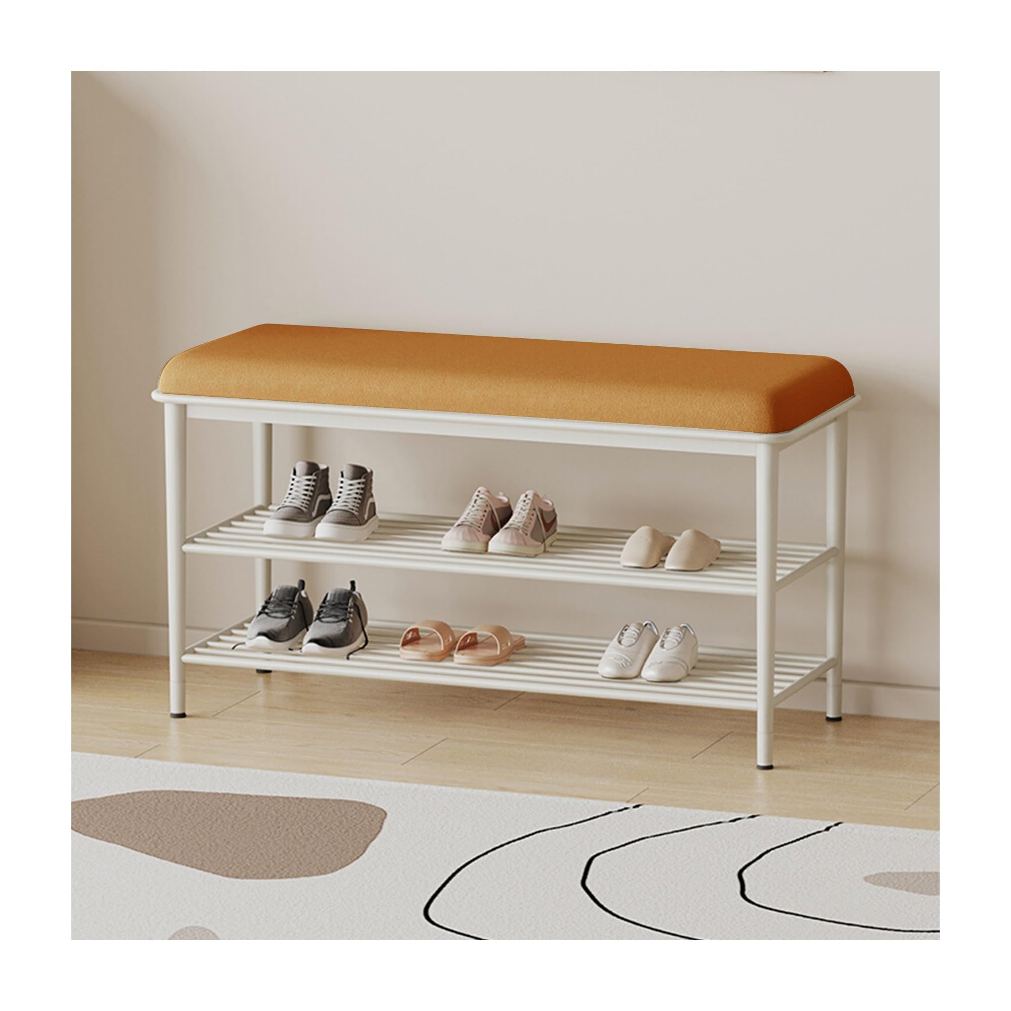 Banc de rangement à chaussures pour salon et entrée avec assise rembourrée en métal