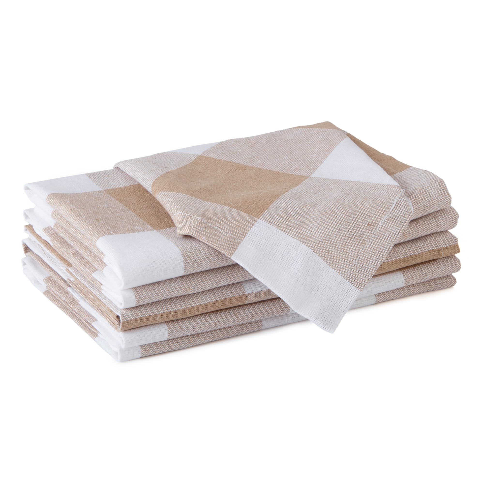 Encasa XO Cotton Cloth Napkins Set of 6, 20"x20" | Washable & Reusable Dinner Napkins White & Buffalo Beige Checks Table Napkins for Farmhouse, Wedding, Holiday, Party & Everyday Dining