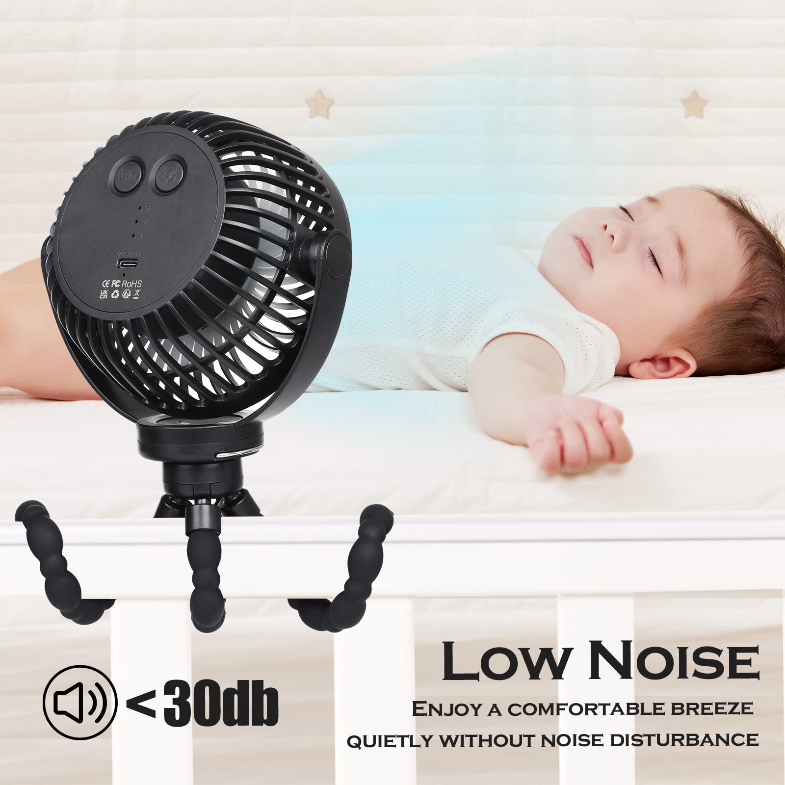 Hianjoo Kinderwagen Ventilator mit LED Leicht, 5200mAh Kleiner Tischventilator Camping Ventilator, 360° Drehung Tragbarer Wiederaufladbar Ventilator für Camping Zelte Hause Büro - Schwarz