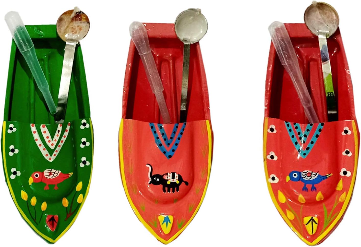 BG Bazzar Gali Hand Painted Parrot and Elephant Fun Steam Powered Tin Toy Boat Nav Pop Put Putt Candle Powered Fuel Flame with Free Dropper and Candle (Set of 3)