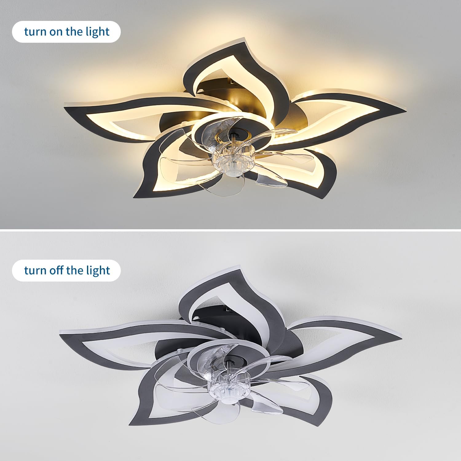Black Flower Modern CeilingFans with Lights, Low Profile Ceiling Fan with Remote for Bedroom, Flush Mount Ceiling Fan with LED Dimmable Light,6-Speeds, Timing CeilingFan Light