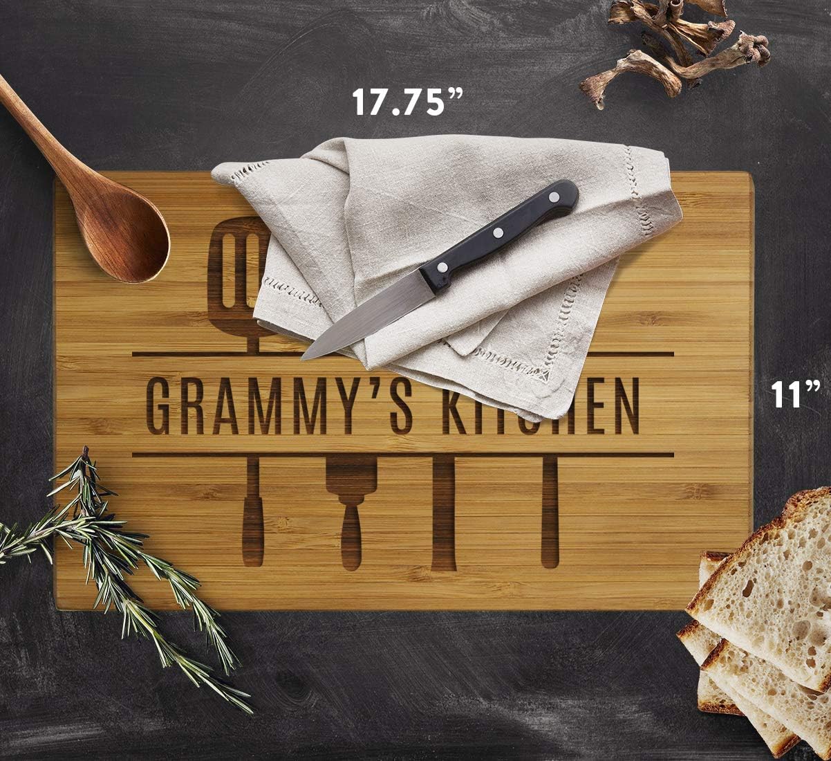 Andaz Press Large Bamboo Wood Cutting Board Gift, 17.75 x 11-inch, Grammy's Kitchen, Utensils Graphic, 1-Pack, Laser Engraved Serving Chopping Board Christmas Birthday Chef Kitchen Ideas