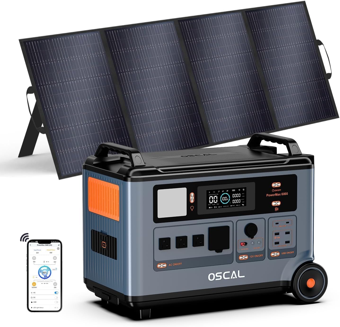 OSCAL PowerMax 6000w Générateur Solaire avec Panneau 400W, 3600Wh Station électrique Portable, Capacité Extensible 57.6kWh, Recharge en 1,2 h, Batterie LFP, APP, 14 Sorties, pour Maison, Camping-Car