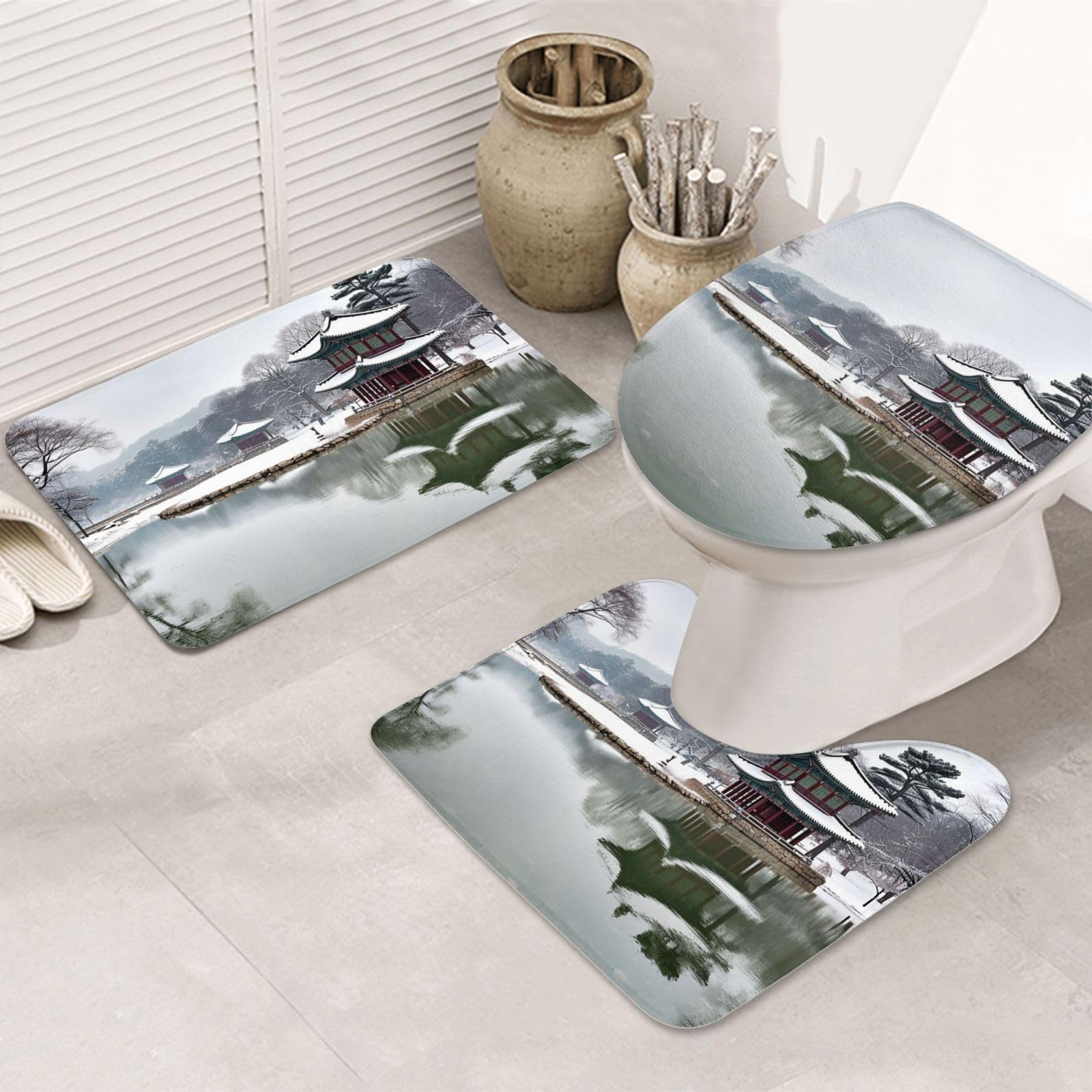 Tapis de bain antidérapant lot de 3 moquette absorbante contour WC douce