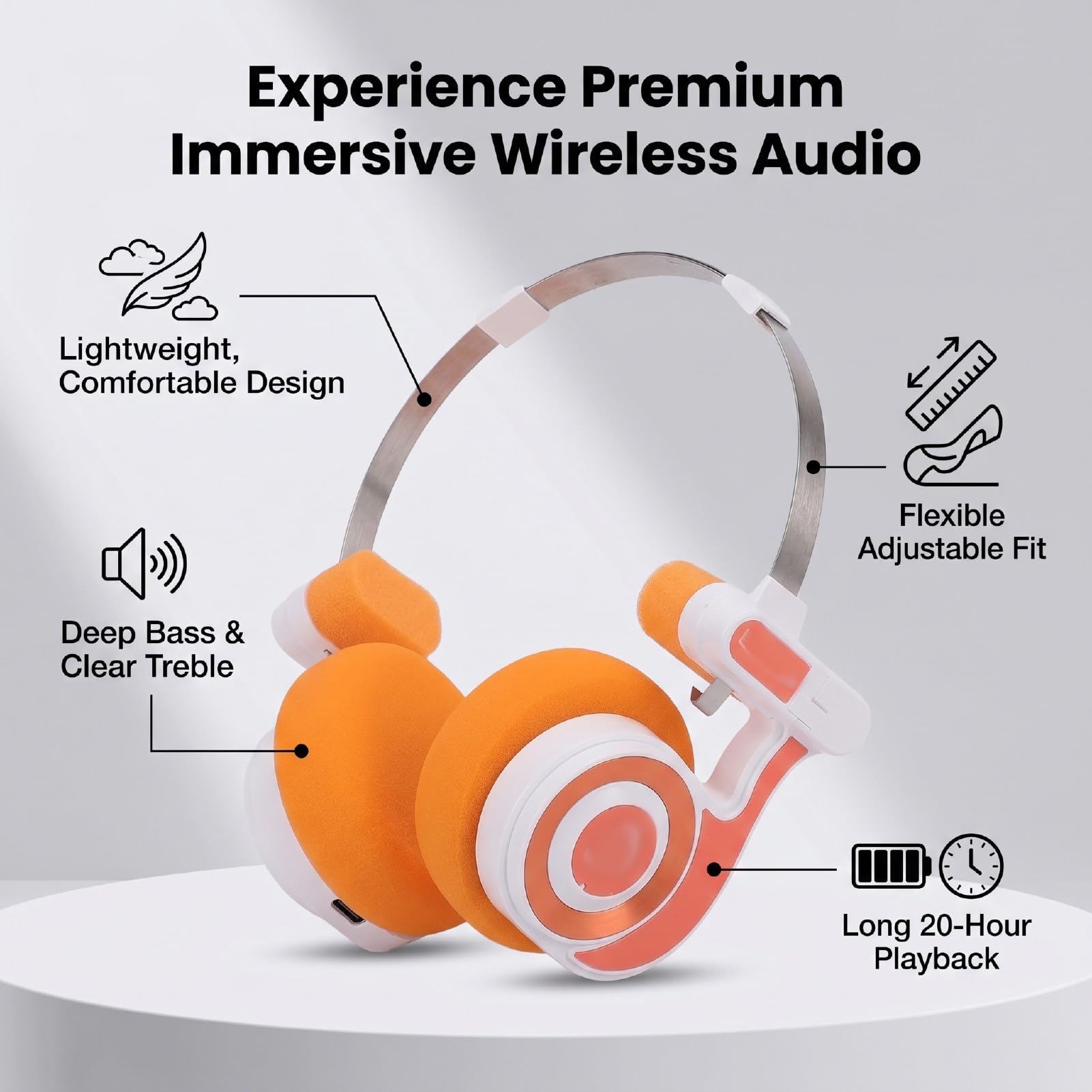 Cuffie Bluetooth Sopra L'orecchio, Cuffie Wireless con Batteria da 20 Ore con Microfono, Stereo HiFi e Archetto Regolabile per Lavoro in Viaggio e PC (arancione vibrante)