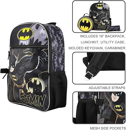 Miniatura 5 de BIOWORLD Juego de mochila Batman de 5 piezas para hombre (niño pequeñoniño grande), gris, talla única