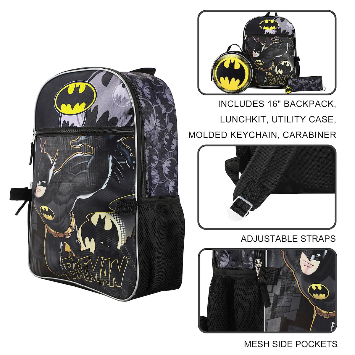 Bioworld Batman 5-Piece Backpack Set (Little Big Kid) Mochila, Gris, Talla única para Hombre