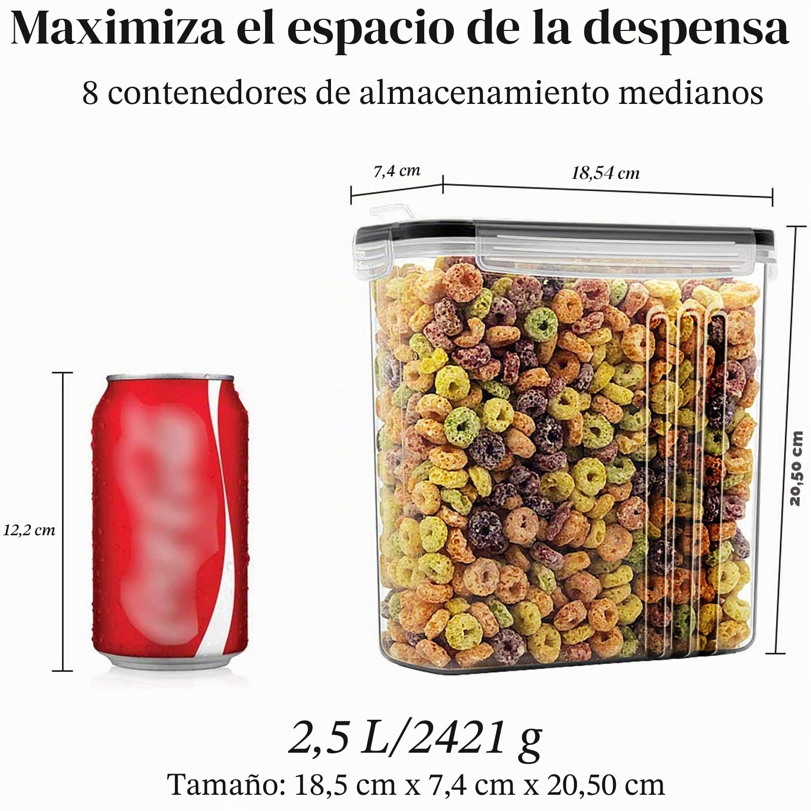 Wildone 8 recipientes herméticos para cereales y alimentos secos de 2,5 L de capacidad para azúcar, harina, etc. Tapas negras a prueba de fugas