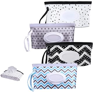 4 Pack Baby Wipe Dispenser,Portable Refillable Wet Wipes Pouch,Baby Wipes Container,Travel Wet Tissue Bag Dispensers,Eco Friendly And Lightweight Reusable Travel Wet Wipe Pouch for Baby And Adult (Striped style)