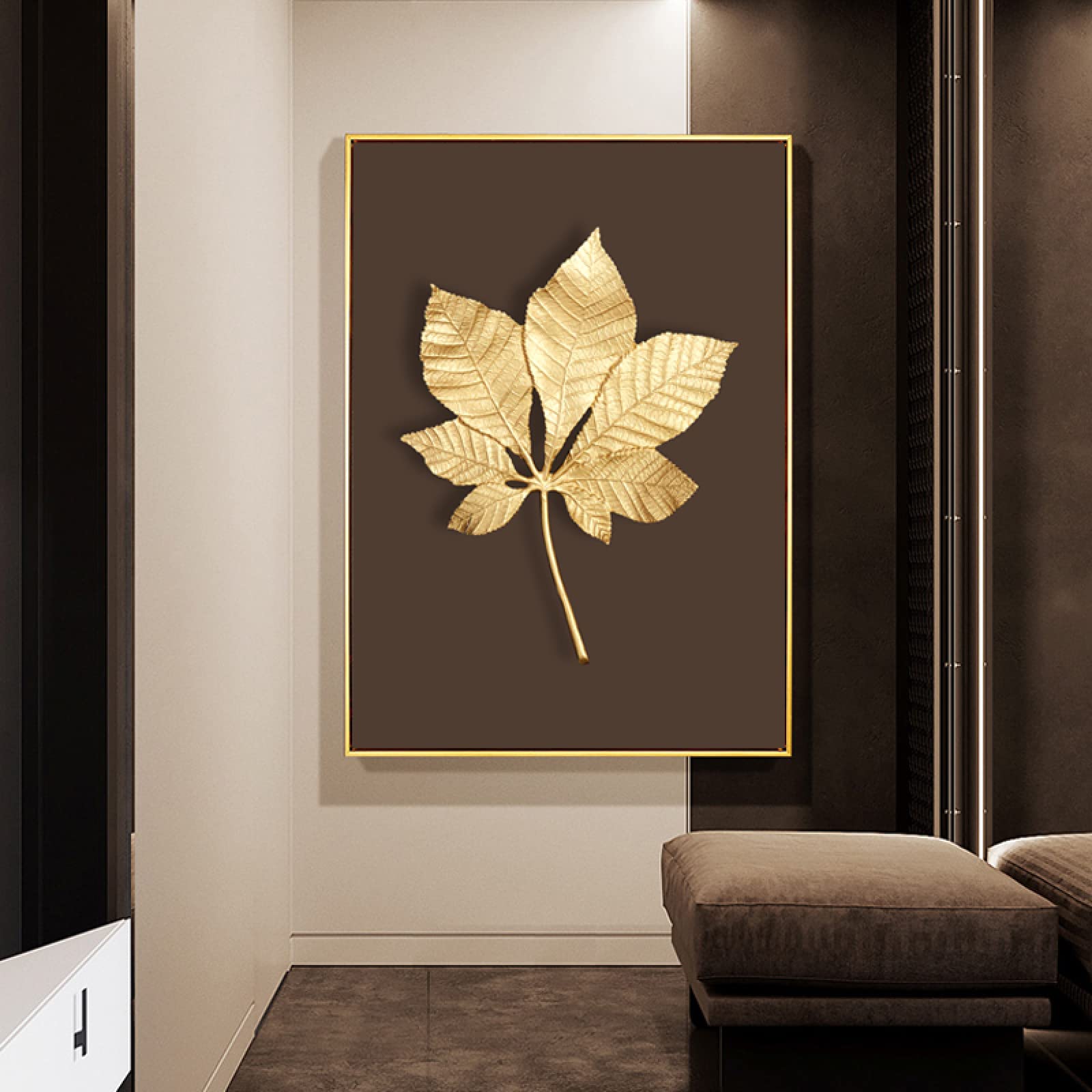 Cuadros De Pared Sala De Estar Decoración De Entrada Planta Dorada Verde Hoja Abstracta Nórdica Impresión En Lienzo Arte De La Pared Pintura Moderna 90x183cm/35x72inch Con Marco