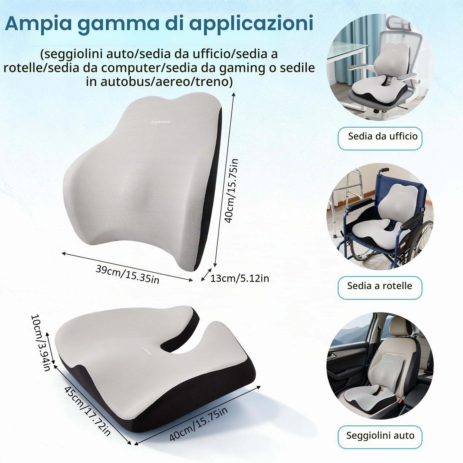 Cuscino per seduta e schienale, cuscino ortopedico per alleviare la pressione per il coccige, cuscino ergonomico per coccige, memory foam per ufficio e auto