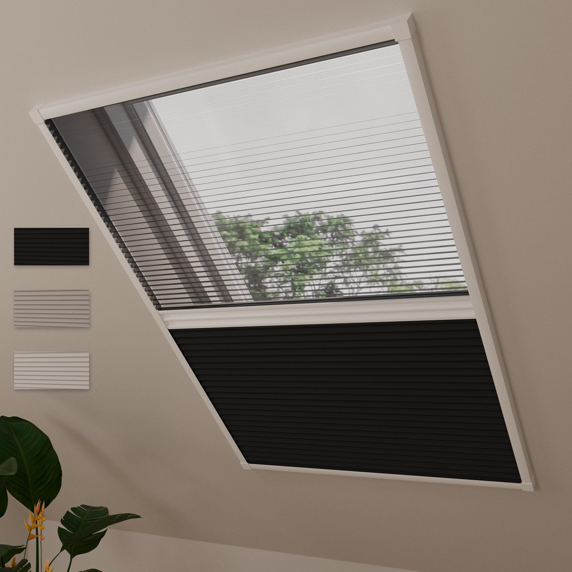 DTCH® Dachfenster Plissee mit Insektenschutz, schwarz, 80 x 120 cm | Verdunkelung und Fliegengitter in einem, Wabenfalte silberbeschichtet, Hitzeschutz, Aluminium-Rahmen, kürzbar