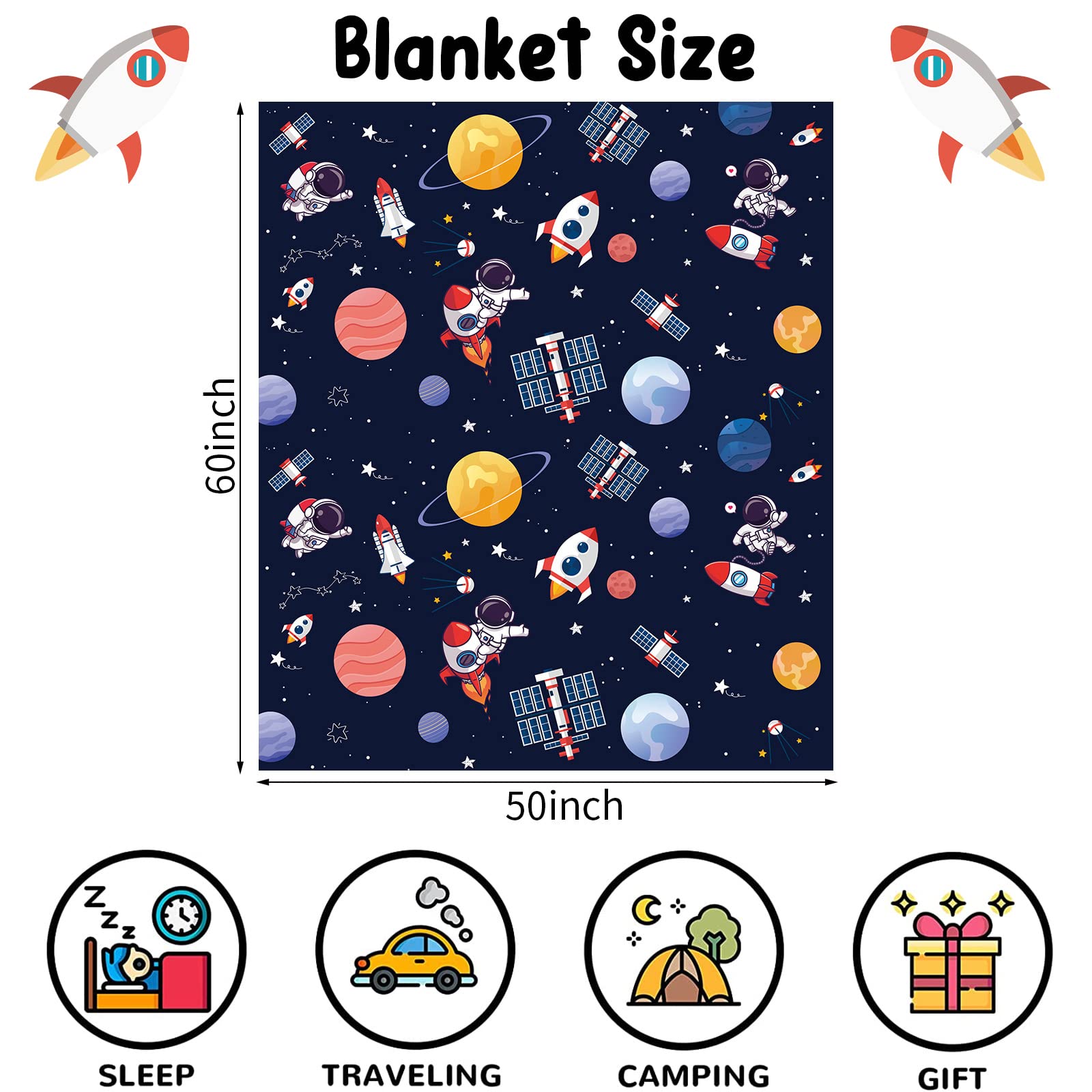 Outer Space Theme Throw Blanket for Kids 130 x 150 cm Blue Space Astronaut Rocket Fluffy Plush Blanket for Boys Gift Soft Galaxy Planet Spaceship Flannel Blanket for Children Teen Bed Couch Decor - Image 2