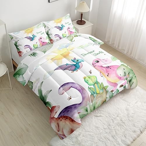 Miniatura 2 de CVHOUSE Juego de edredón de dinosaurio, tamaño Queen, juego de ropa de cama de dinosaurios de dibujos animados Kawaii para niños, bonito juego de