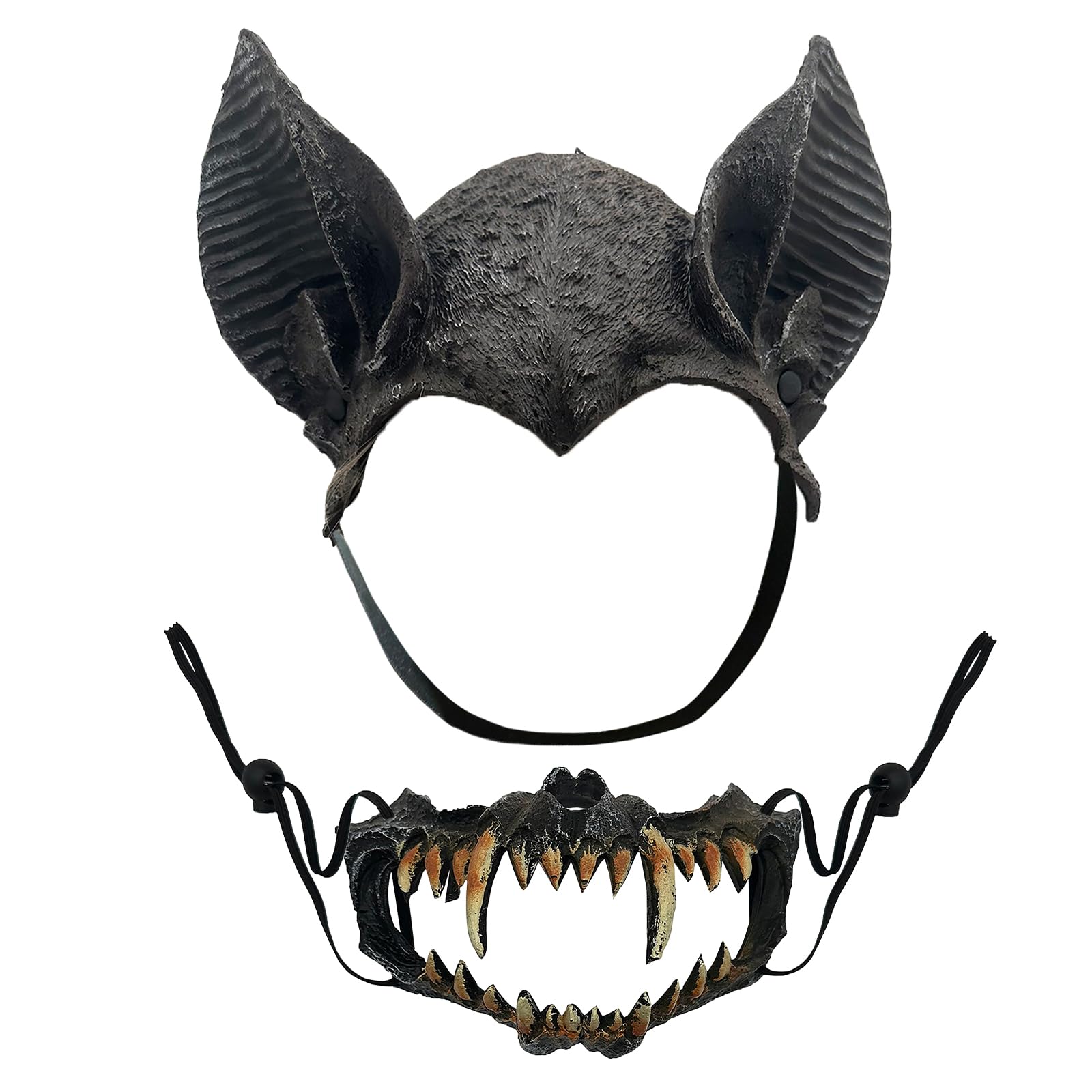 Halloween Bat Ears Hat Headband Mouth Halter Mask Set Horror Vampire Half Face Mask PU Foam Animal Headwear for Adult Halloween Cosplay Easter Carnival Roleplay Dress Up Party Masquerade Costume Props