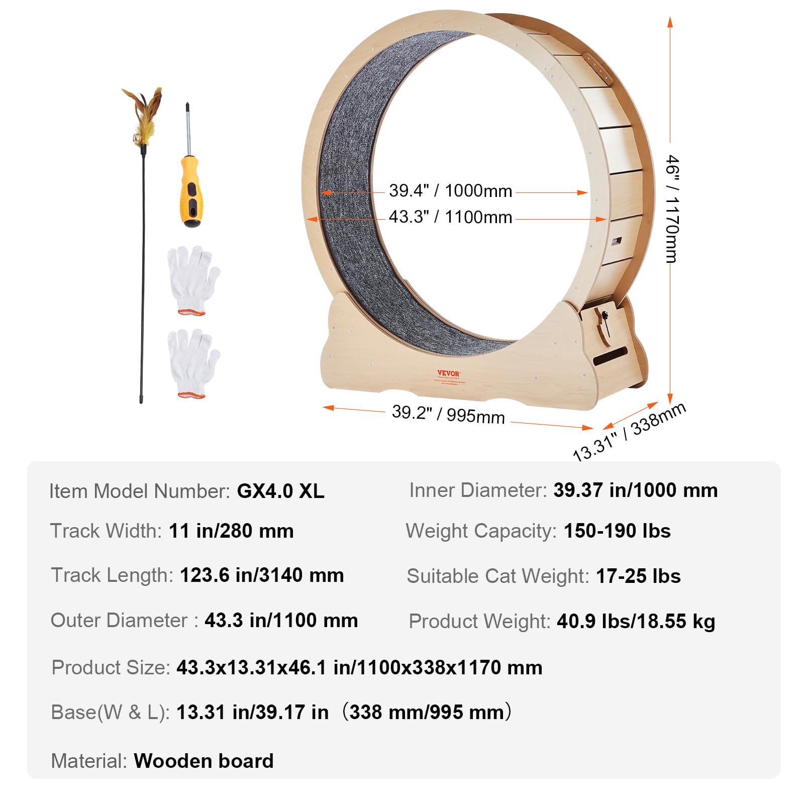 VEVOR Ruota per Esercizi per Gatti in Legno, Ruota per Tapis Roulant per Gatti 110 cm, Ruota Tavola di legno per Corsa con Tappeto Staccabile e Teaser per Gatti per Corsa Allenamento Interno Gialla