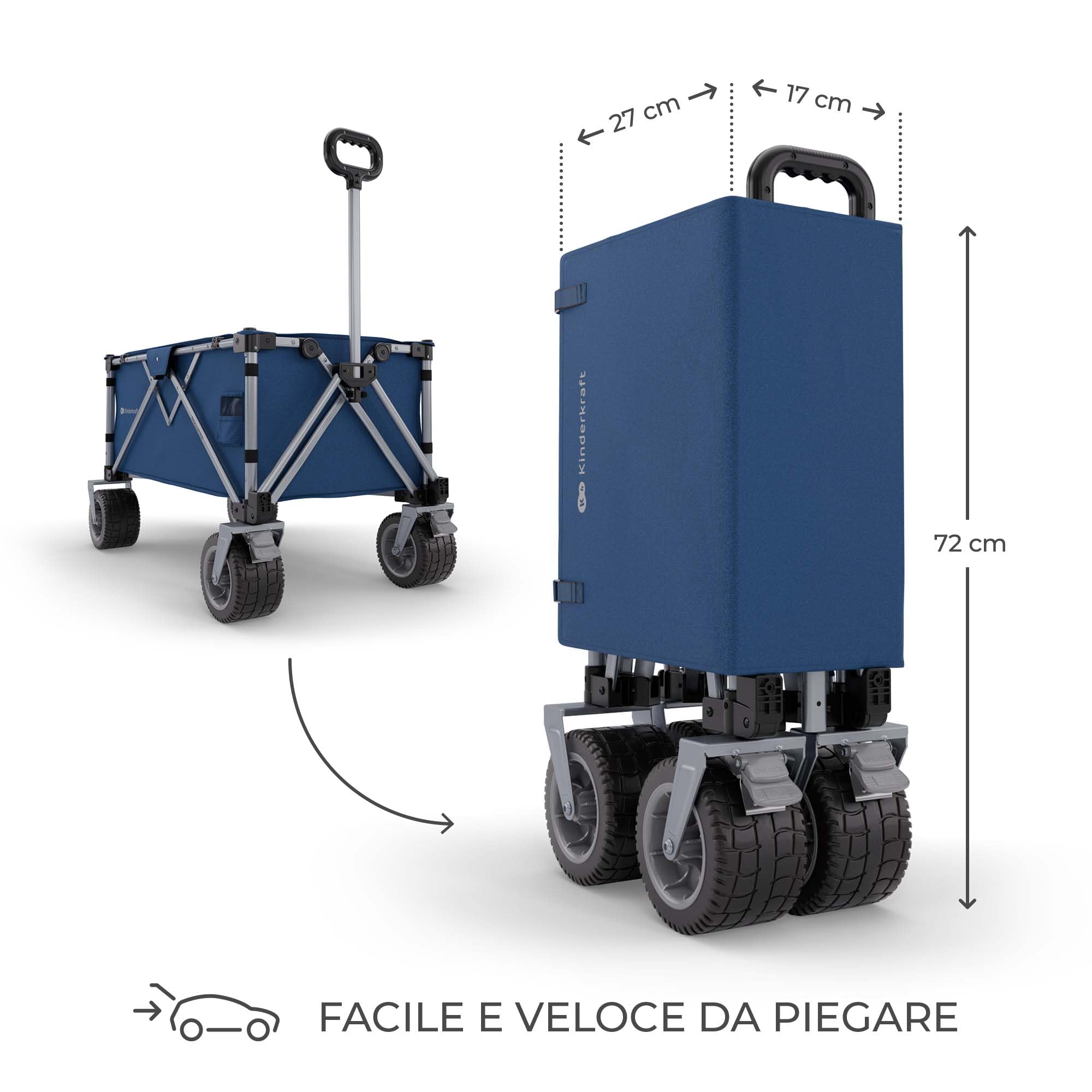 Kinderkraft ROLLSTER carrello pieghevole da trasporto, Capacità 130 litri, 100 kg di portata, leggero 10.3kg, Blu