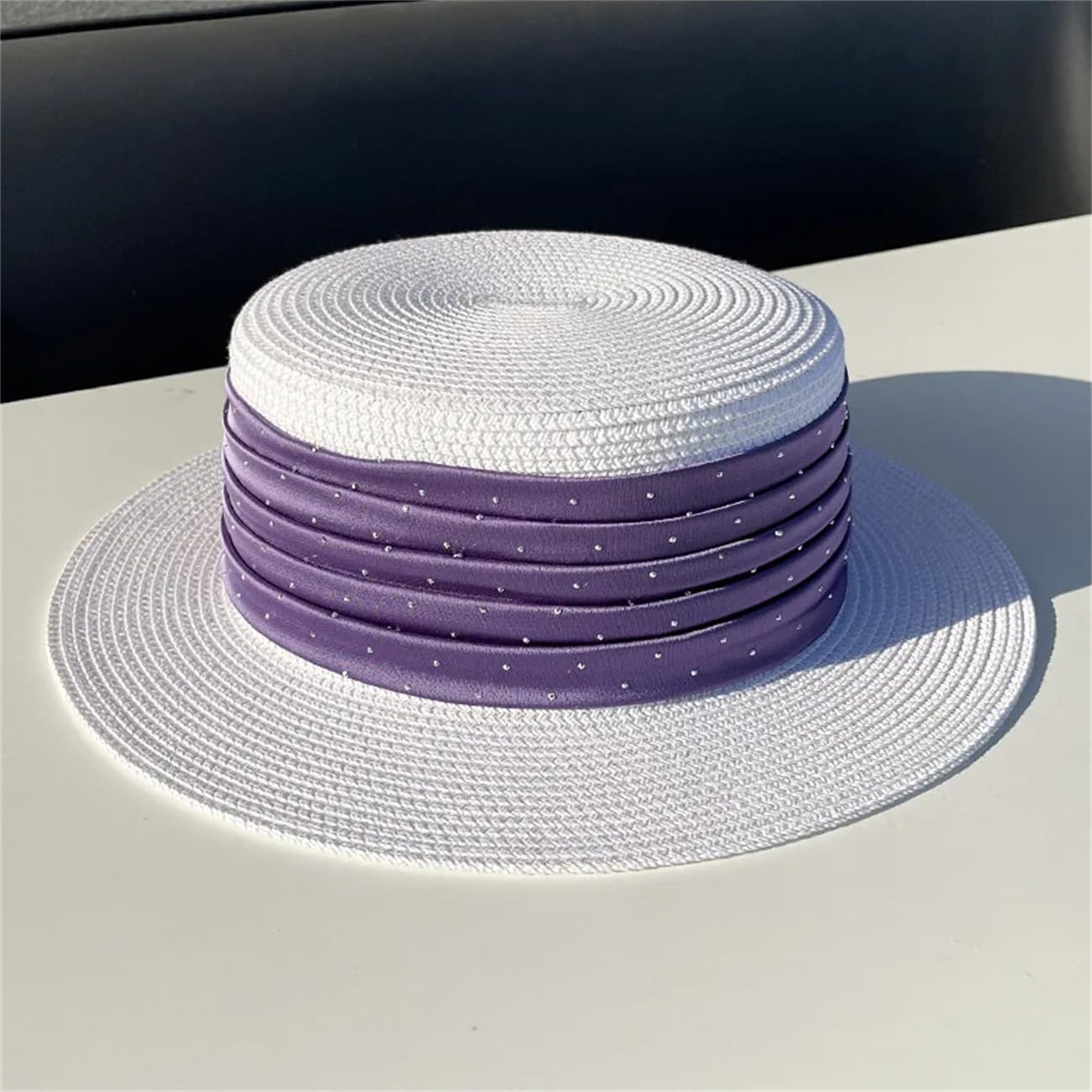 Cappello da donna in raso con strass in paglia treccia piatta visiera cappello jazz casual panama cappello estivo elegante da spiaggia cappelli di paglia