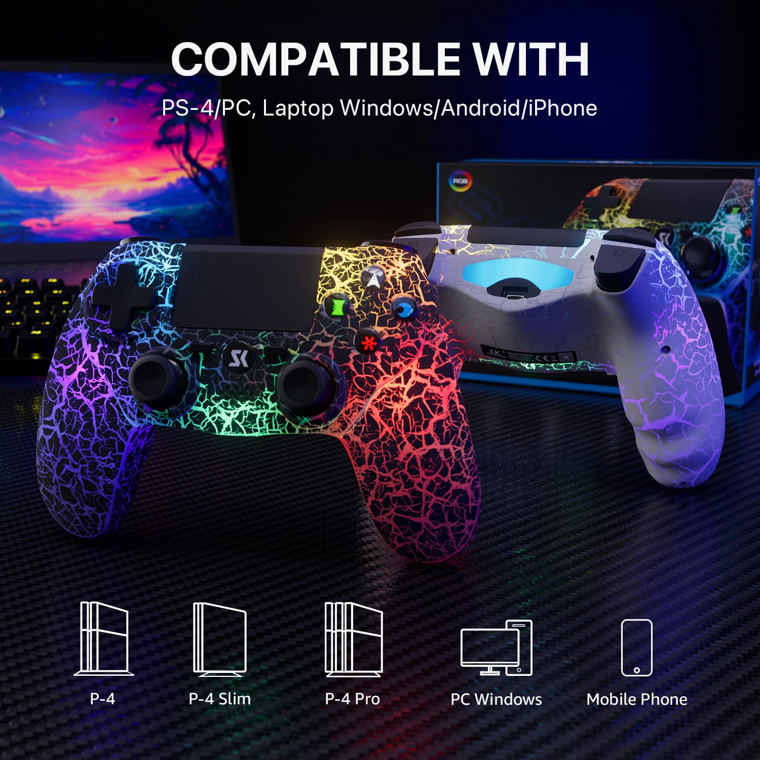 ISHAKO 2Pack Controller for PS4, Wireless Game Controller for PlayStation 4/PC Windows/PS3, Control 2Pack with Adjustable RGB Light/1000mAh Battery, Double Vibration- White & Black - Image 2