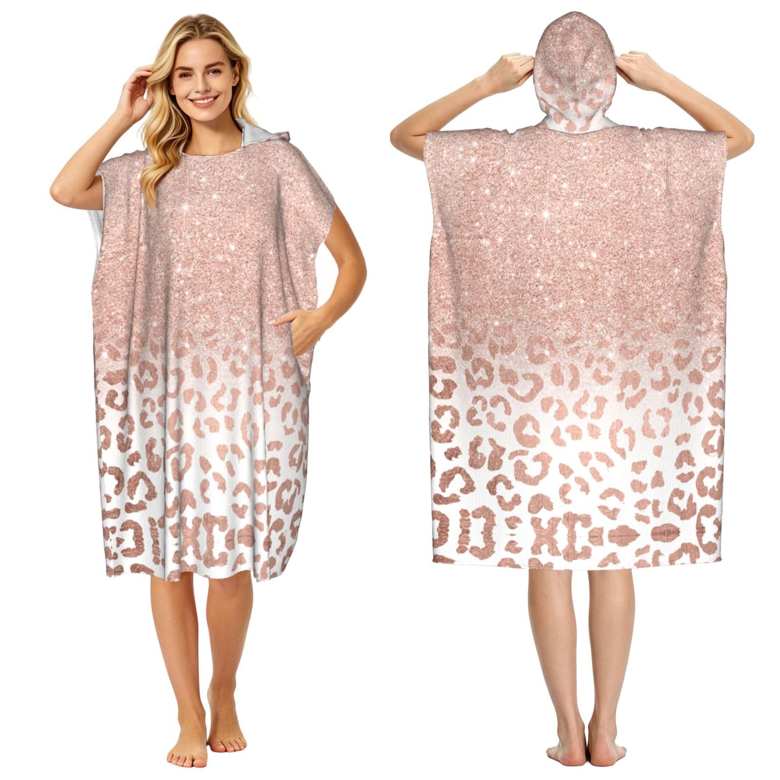 Poncho à capuche de natation adulte microfibre léger imprimé paillettes or rose
