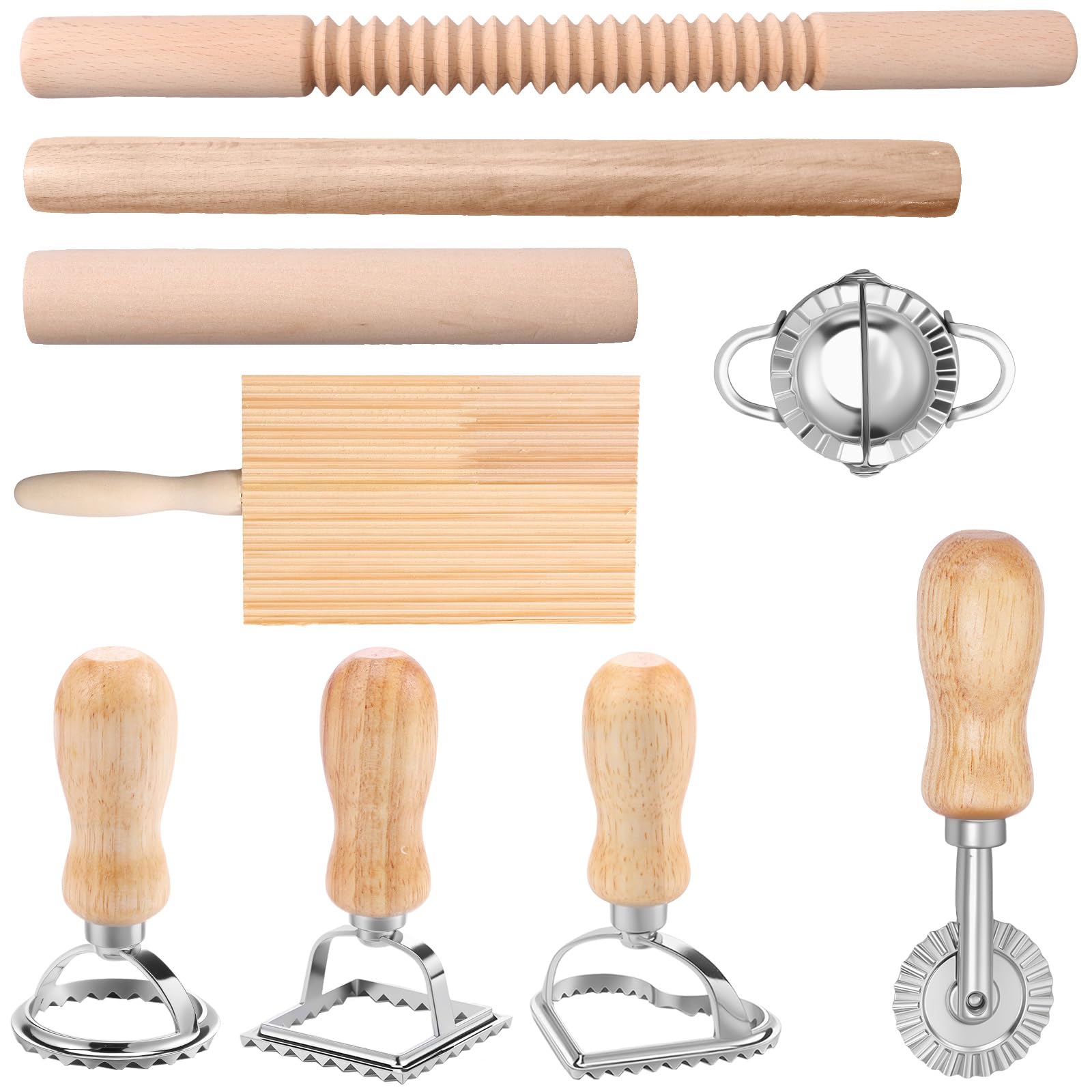 9 Pcs Pasta Making Tools Efficient Pasta Making Kit with Ravioli Stamp Cutters Rolling Pins Gnocchi Board Dough Cutter Dumpling Maker Practical Pastas Mak?Tool Set for Pastas Lovers Cooking