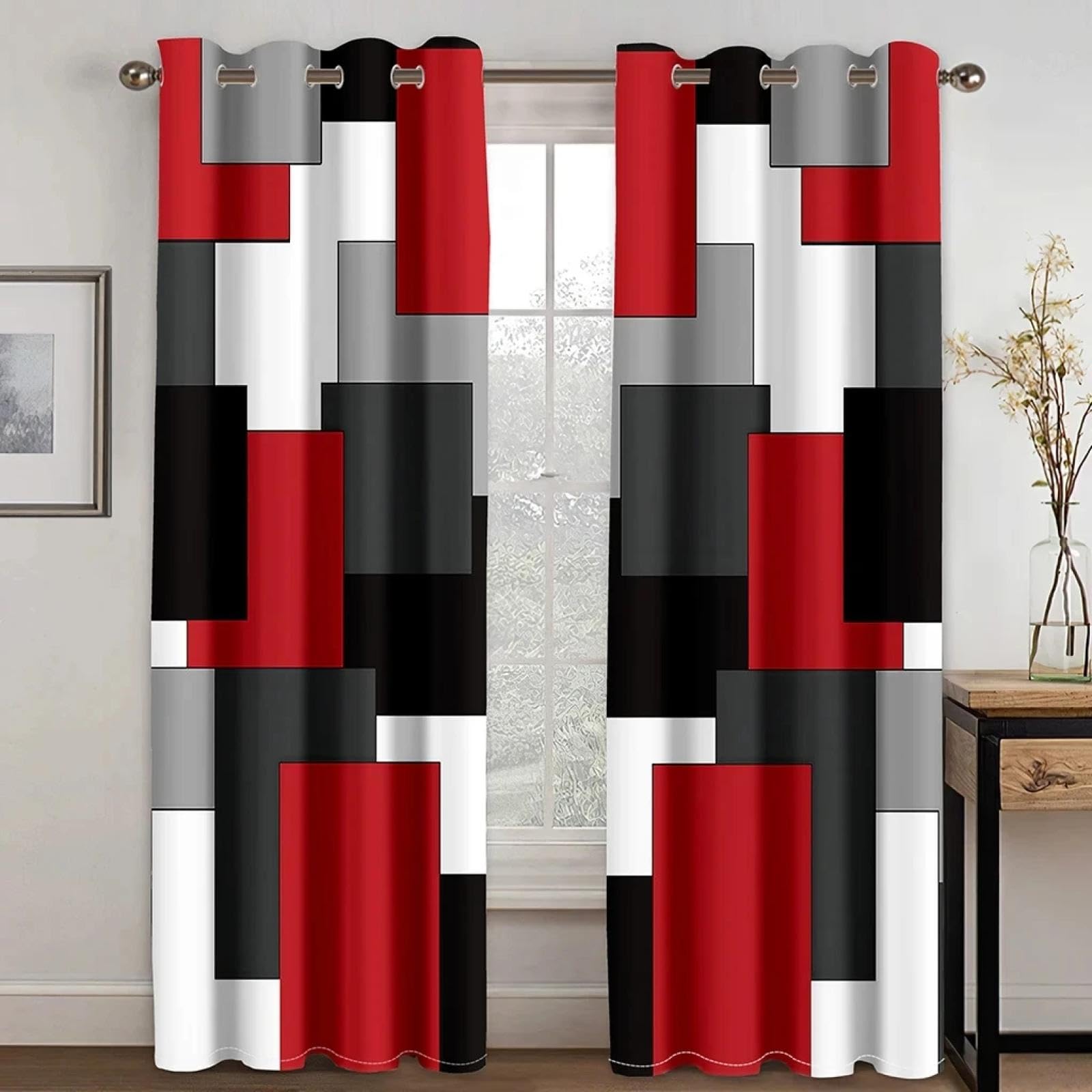 Cortinas de Ventana Modernas de Color Rojo geométrico Abstracto para Sala de Estar, Dormitorio, baño, Puerta de Cocina, decoración del hogar, Cortinas Opacas 135x245cm/53x96in (WxH) x2