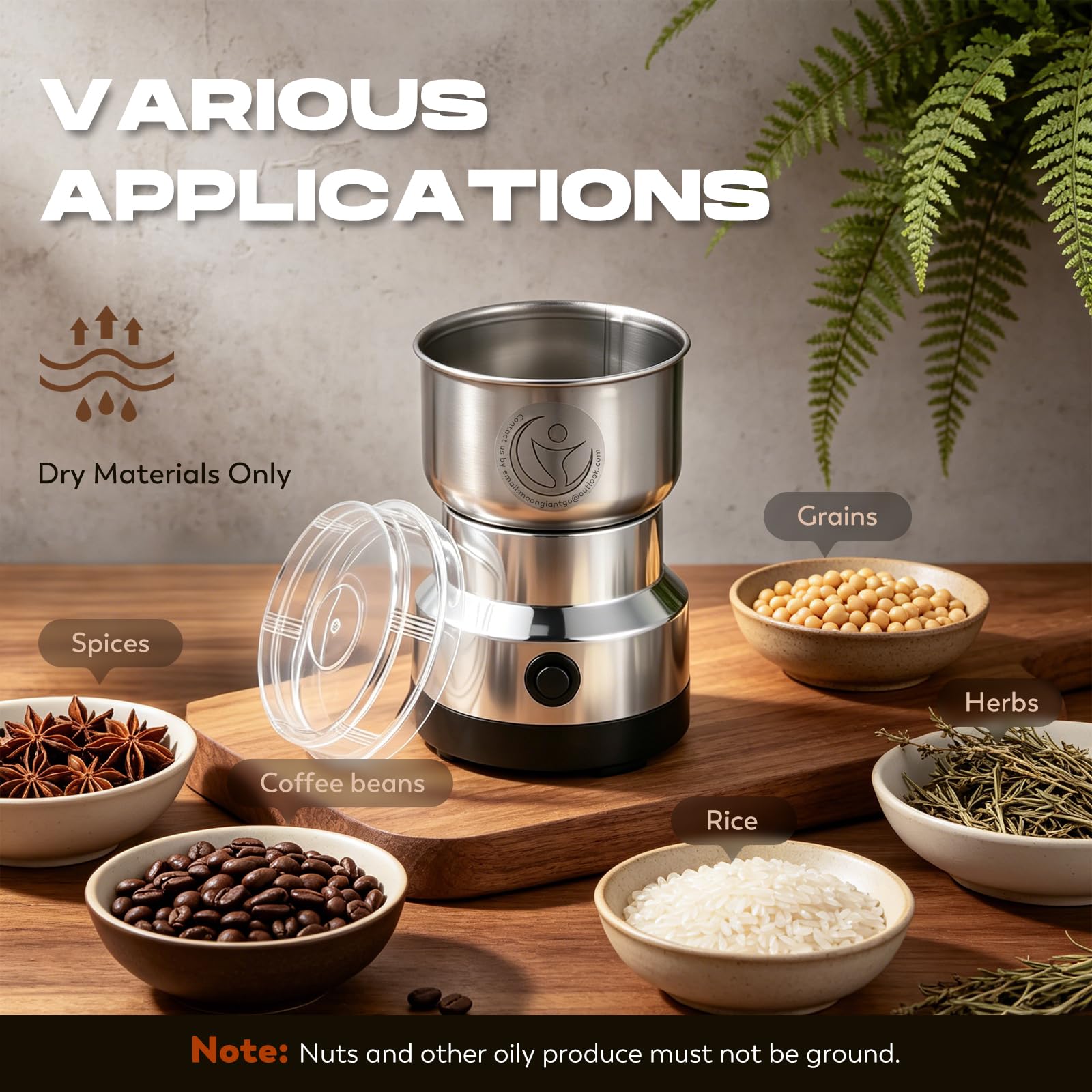Moongiantgo Moulin à Céréales Multifonctionnel 200W 14500rpm, Moulin à Café Ultra-Fin, 300ml Broyeur à Épices Électrique Portable, Acier Inoxydable, Parfait pour Matières Sèches, Herbes, Café (Argent)
