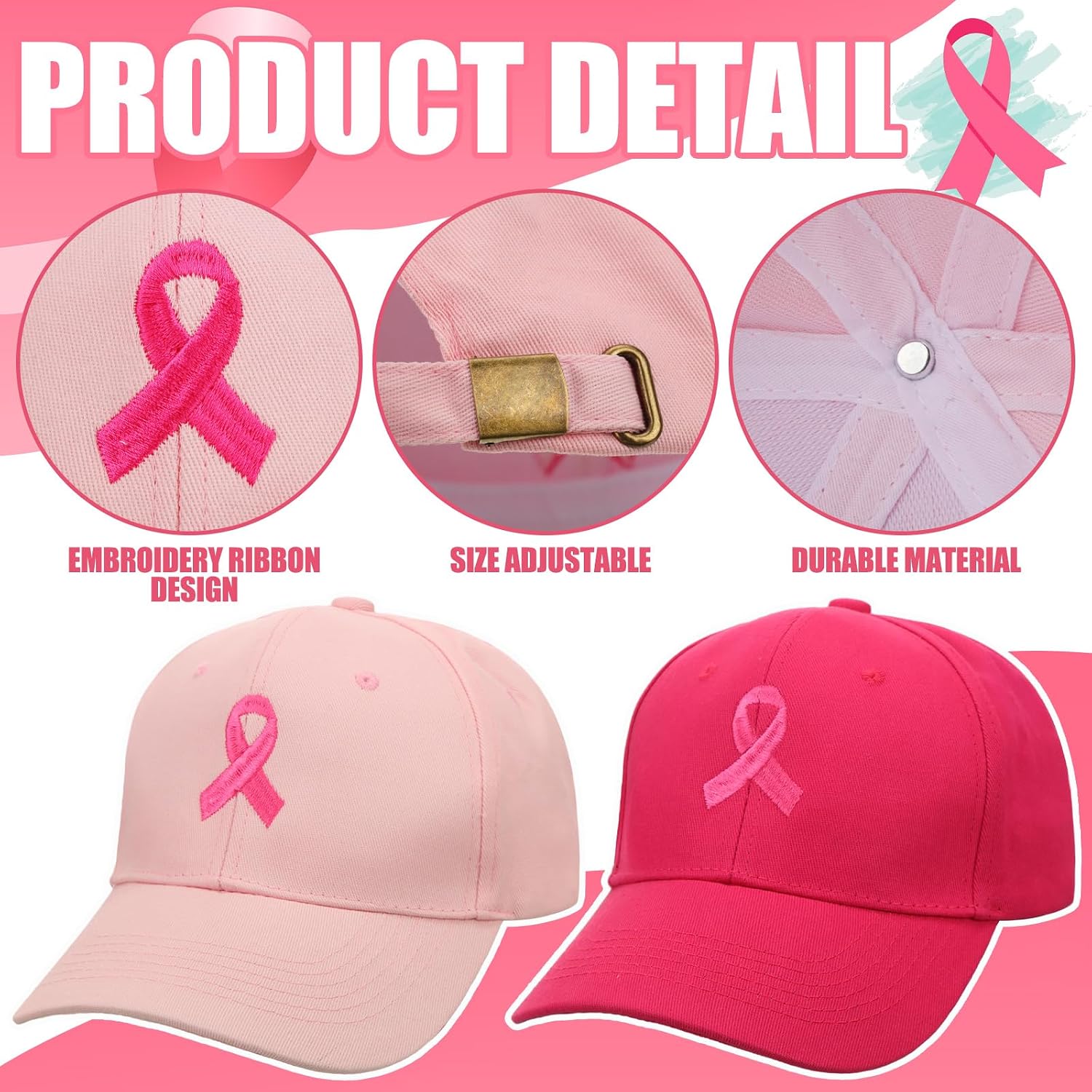 Toulite 3 Pcs Breast Cancer Awareness Hat Pink Ribbon Embroidered Cap Adjustable Baseball Cap Beating Breast Cancer Gifts
