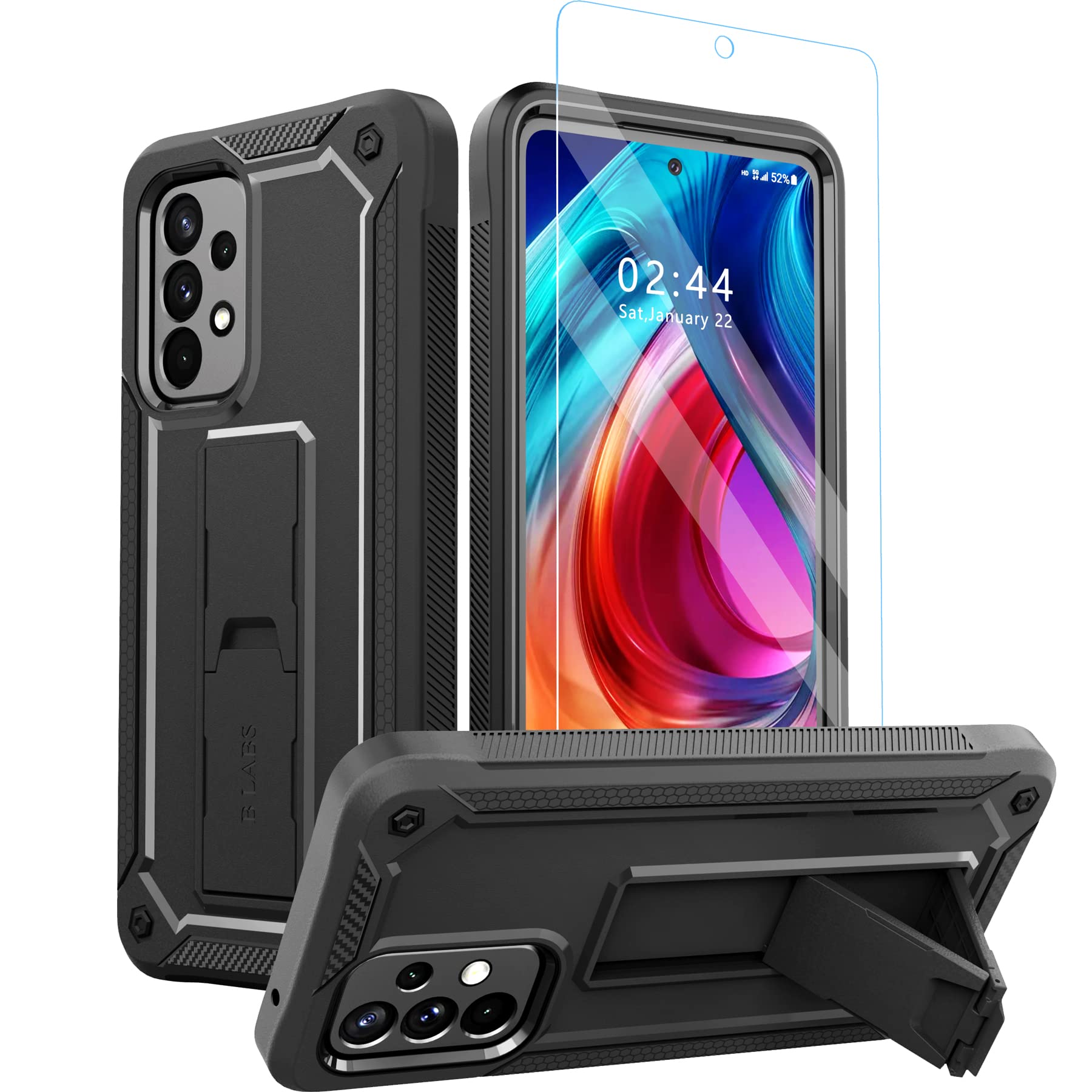 for Samsung Galaxy A53 5G Phone Case [Mili-Grade Shockproof] [1X Separate Screen Protector] with Kickstand Case Matte Textured Full Heavy Duty Shockproof TPU Bumper Anti-Scratch A53 Case, Black