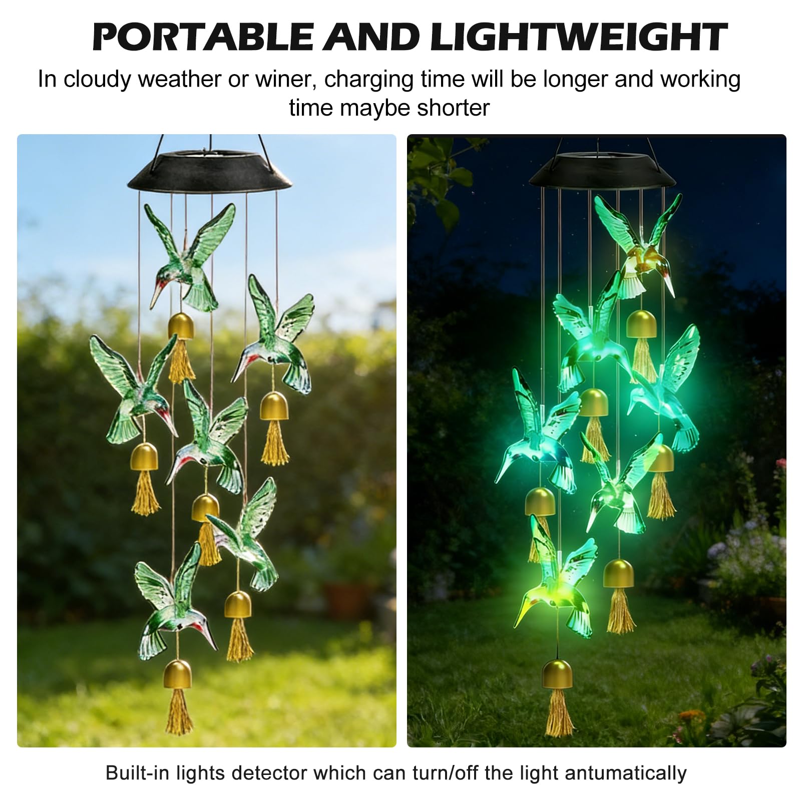 2 scacciapensieri solari per esterni, scacciapensieri a energia solare, per esterni, a forma di vento, per giardino, colibrì, per esterni, a LED che cambiano colore, impermeabile