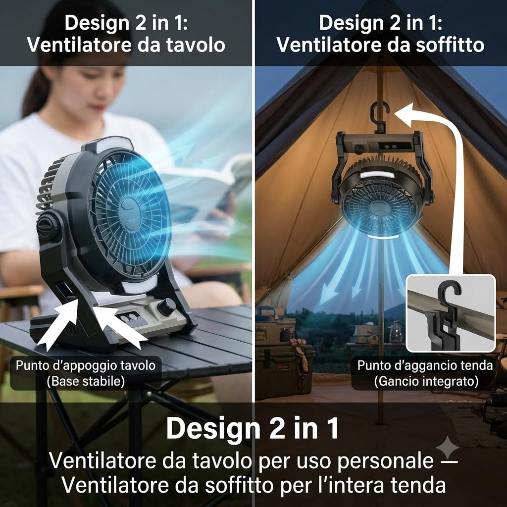 Ventilatore da campeggio ricaricabile con power bank da 10000 mAh, 25 ore di durata ventilatore da soffitto portatile da scrivania con timer, luce LED a 2 livelli per esterni, per camper e