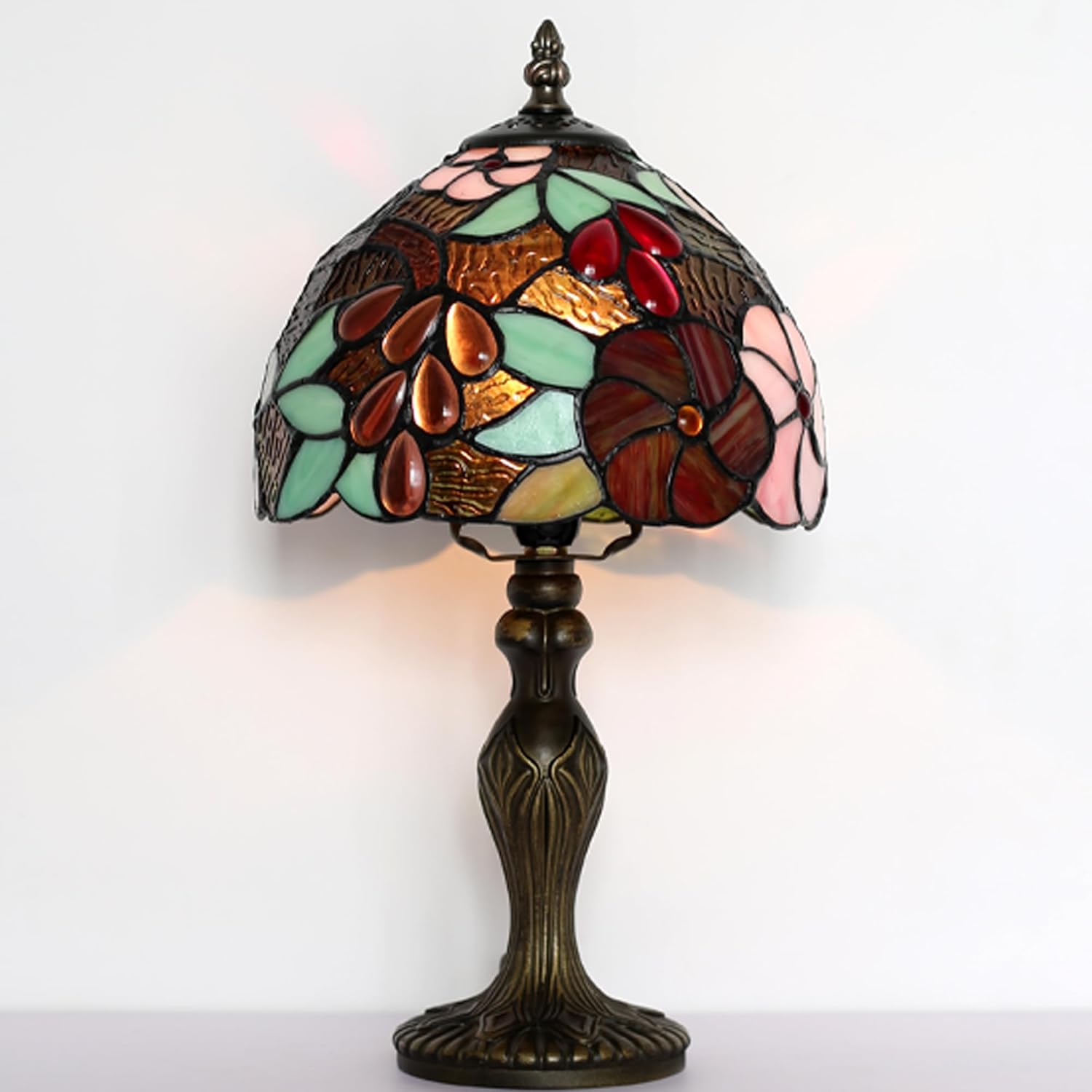 Tiffany Style Lamp Stained Glass Table Lamp 8 x 14.5 Mini Accent Light Grape Design Small Decorative Bedside Reading Memory Lamp