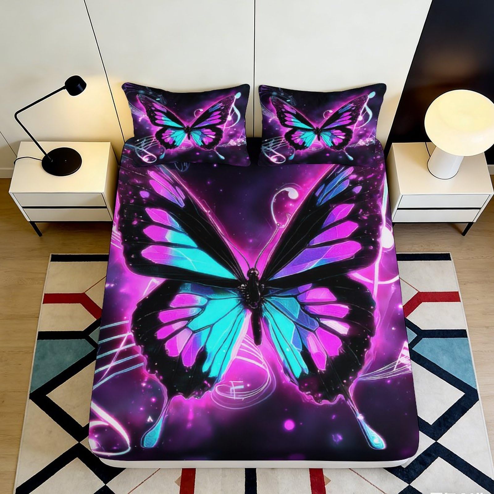 3D Printed Purple Butterfly Fitted Sheet Microfiber Soft Non Slip Blue Neon Bed Cover for Bedroom Dorm Mattress Decor 90x200x25cm